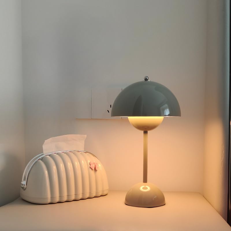 Modern Flower Bud Lamp 12" Cordless Touch Lamp Dimmable 2600mAh Rechargeable Desk Lamp Nordic Minimalist Mushroom Lamp Nightstand Bedside Lamp for Bedroom Living Room(Cream Grey) No Reading Light