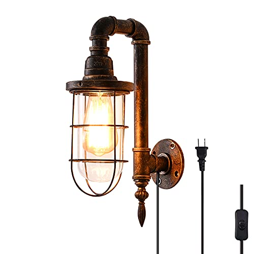 Industrial Plug in Wall Light E26 Base Edison Wire Retro Style Vintage Wall Lights with 5.9Ft Adjustable Plug in Cord Rustic Wall Sconce Fixture for Headboard Bedroom Porch - Cage