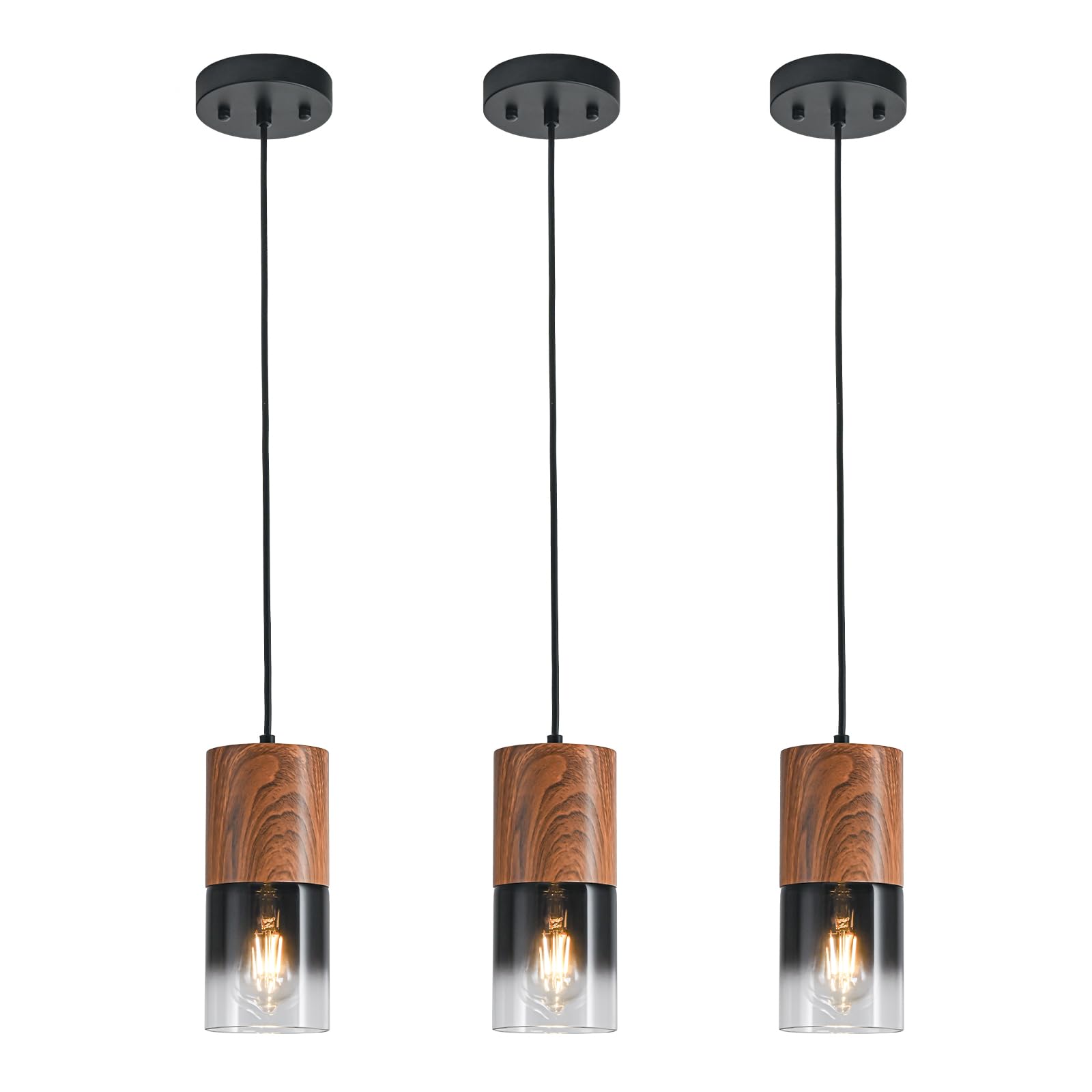 2-Pack Black Pendant Light Fixtures, Adjustable Modern Pendant Lights for Kitchen Island, Industrial Glass Pendant Lights for Dining Table Hallway Bedroom Living Room