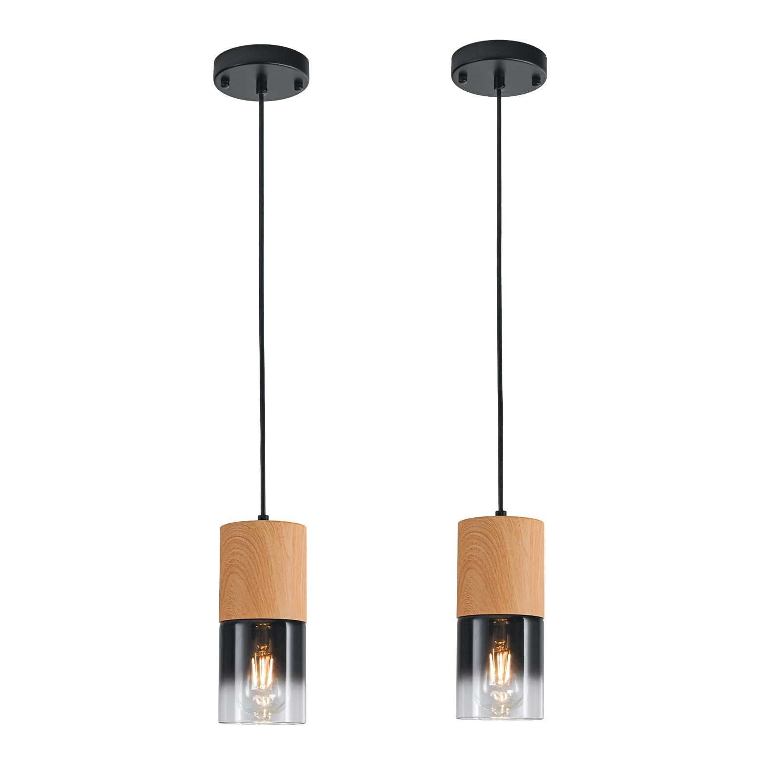 2-Pack Black Pendant Light Fixtures, Adjustable Modern Pendant Lights for Kitchen Island, Industrial Glass Pendant Lights for Dining Table Hallway Bedroom Living Room