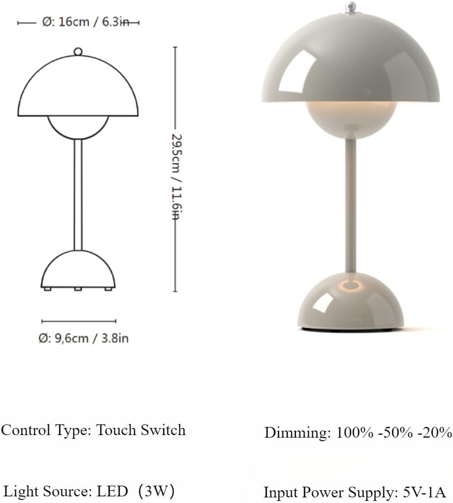 Modern Flower Bud Lamp 12" Cordless Touch Lamp Dimmable 2600mAh Rechargeable Desk Lamp Nordic Minimalist Mushroom Lamp Nightstand Bedside Lamp for Bedroom Living Room(Cream Grey) No Reading Light