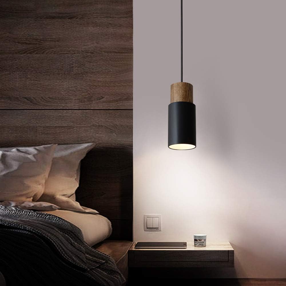DUHU Black and Wood Pendant Light,Modern Kitchen Pendant Light Over Island,Industrial Metal Lampshade,Single Hanging Light E26 for Dinning Table,Bedroom Nightstand,Bar,Farmhouse,Height Adjustable