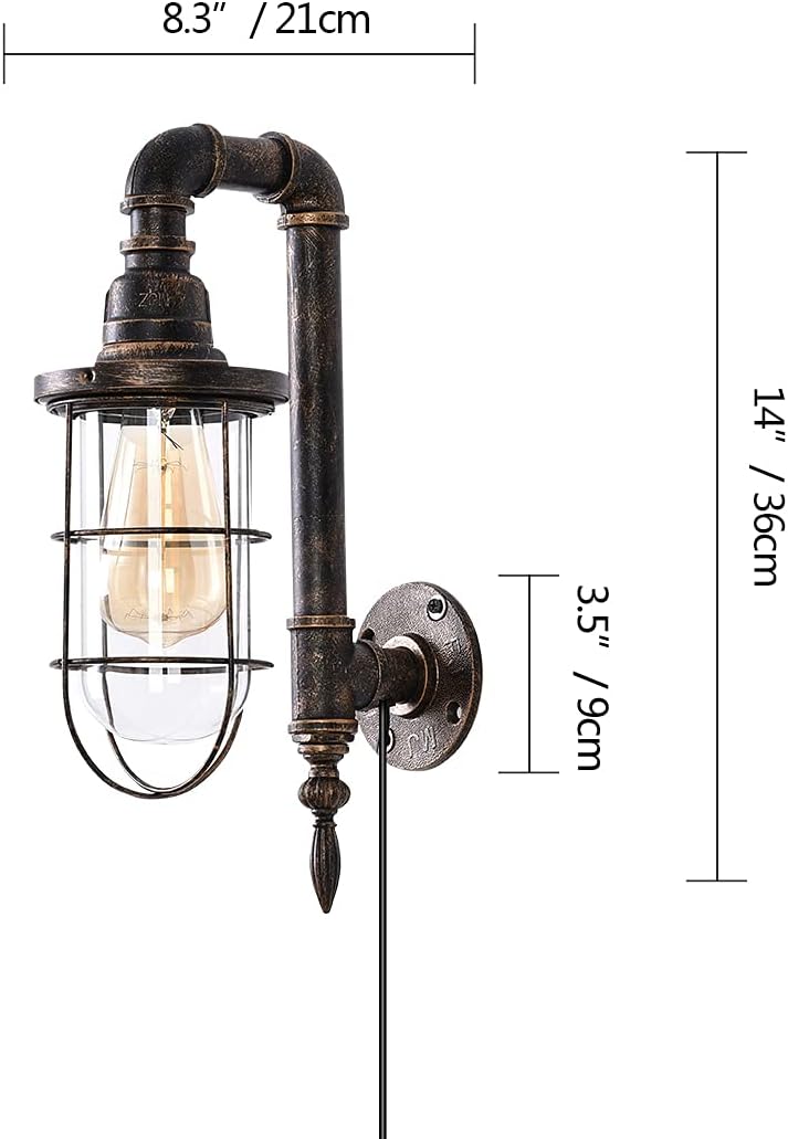 Industrial Plug in Wall Light E26 Base Edison Wire Retro Style Vintage Wall Lights with 5.9Ft Adjustable Plug in Cord Rustic Wall Sconce Fixture for Headboard Bedroom Porch - Cage