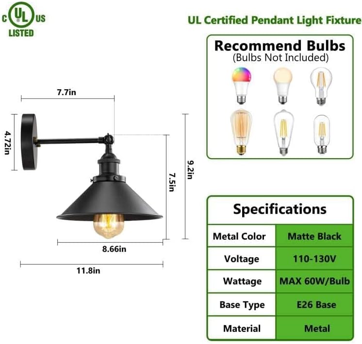 Licperron Black Wall Sconce, Industrial Vintage Wall Sconces Lighting for Bedroom Kitchen Bathroom, 240 Degree Adjustable Rustic Antique Gooseneck Wall Lamp, 4 Pack