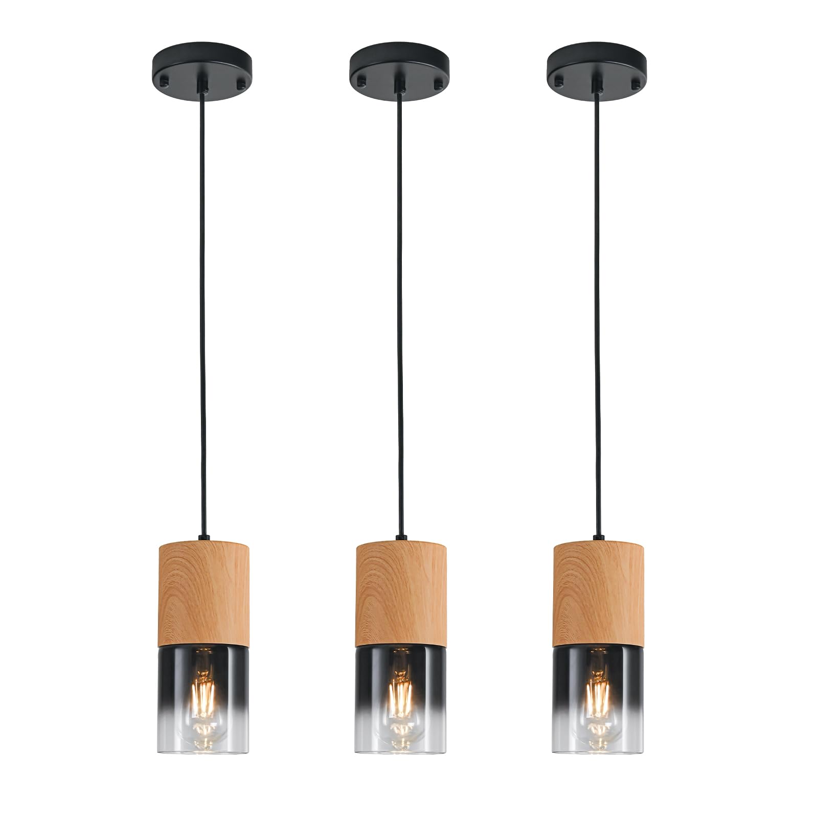 2-Pack Black Pendant Light Fixtures, Adjustable Modern Pendant Lights for Kitchen Island, Industrial Glass Pendant Lights for Dining Table Hallway Bedroom Living Room
