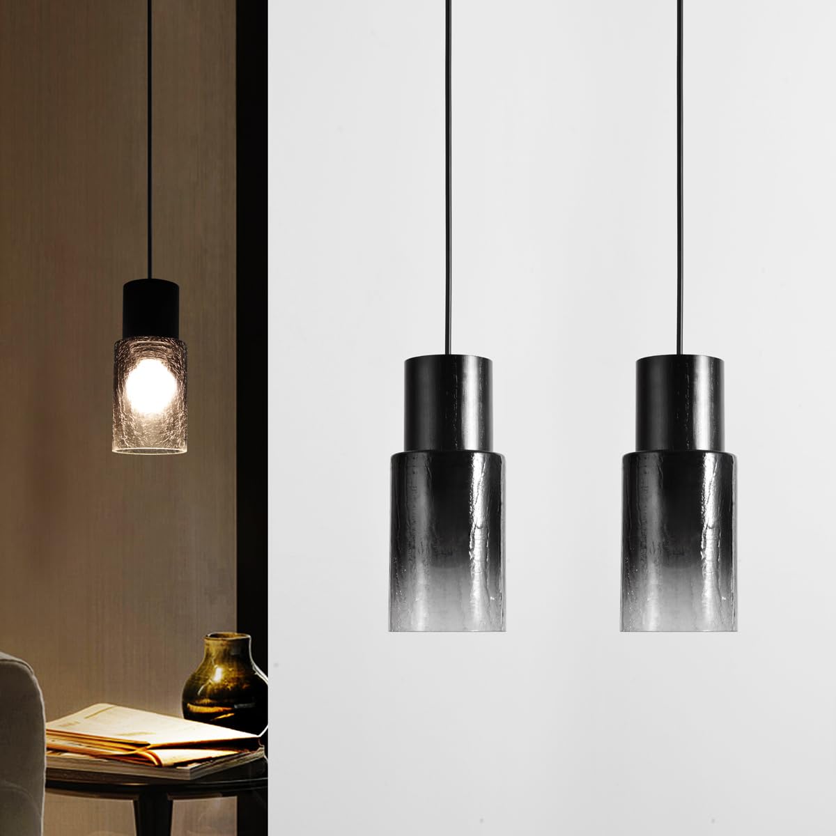 DUHU Black and Wood Pendant Light,Modern Kitchen Pendant Light Over Island,Industrial Metal Lampshade,Single Hanging Light E26 for Dinning Table,Bedroom Nightstand,Bar,Farmhouse,Height Adjustable