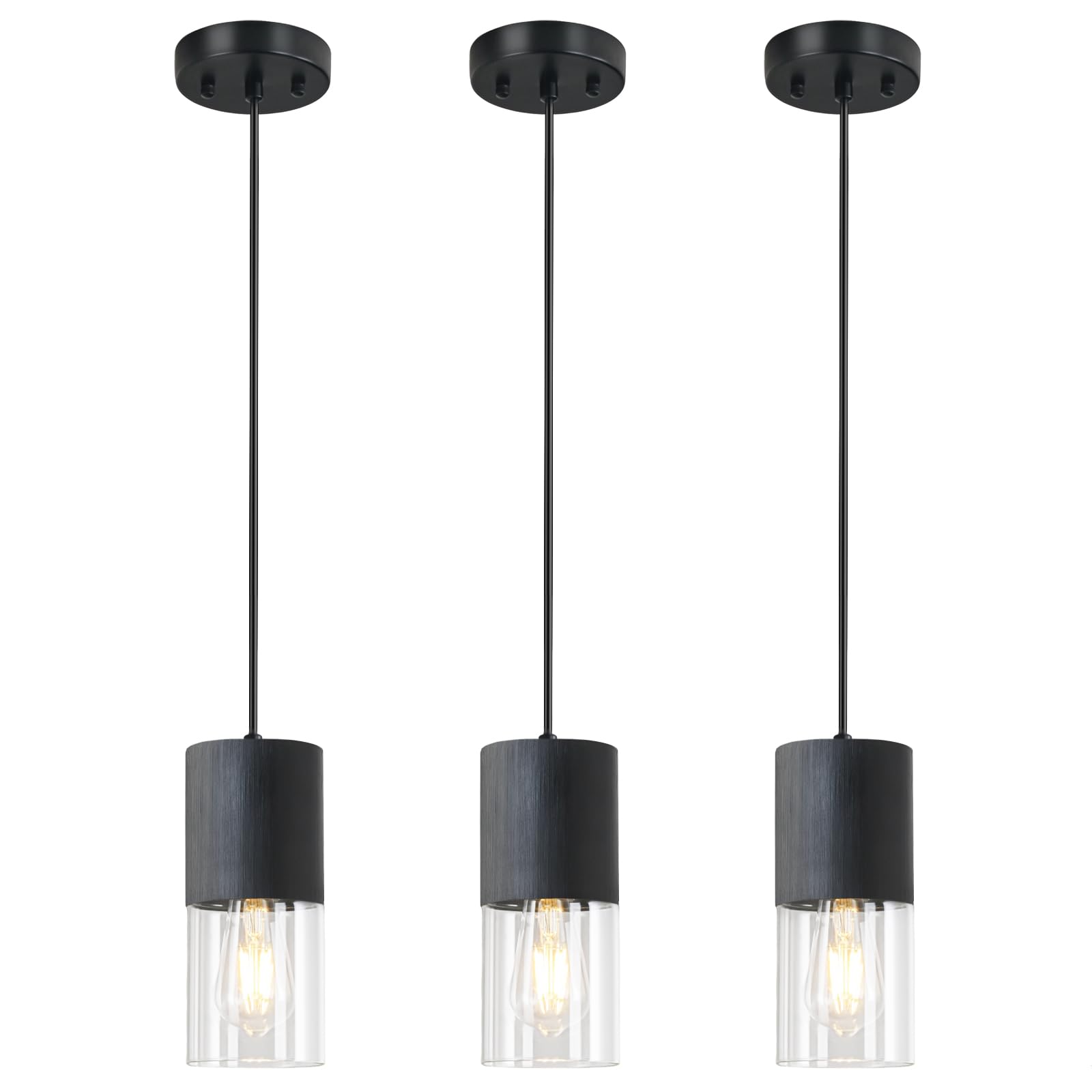 2-Pack Black Pendant Light Fixtures, Adjustable Modern Pendant Lights for Kitchen Island, Industrial Glass Pendant Lights for Dining Table Hallway Bedroom Living Room