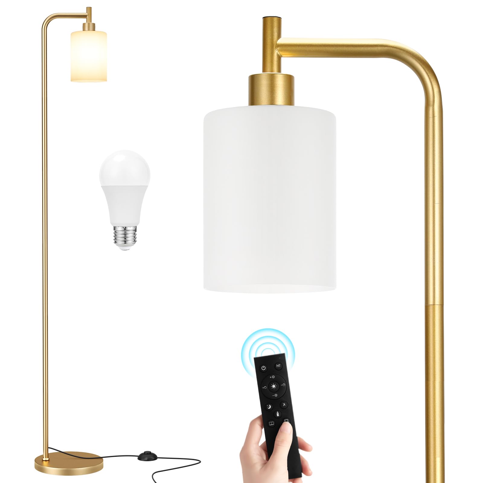 Industrial Floor Lamp with Glass Shade - Black, LED Bulbs, Foot Pedal Switch, Easy Assembly