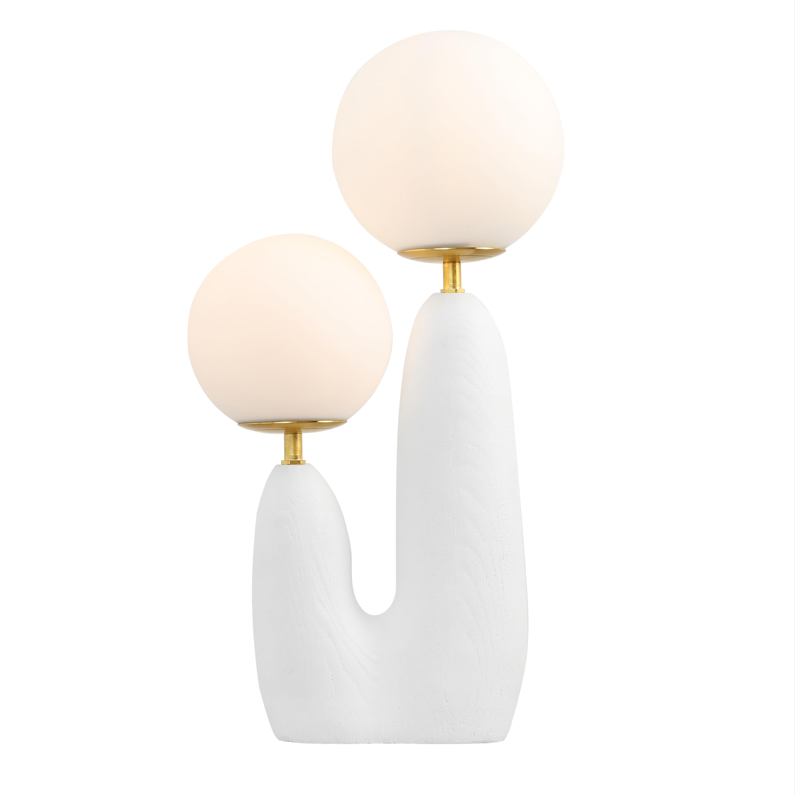 JONATHAN Y 17.75" Brown Wood Finish/Brass Gold Modern Bohemian Danish Cactus LED Table Lamp, 2-Light Mid-Century Minimalist Desk Light for Bedroom Living Room, Frosted Glass Globe Shades JYL4065A