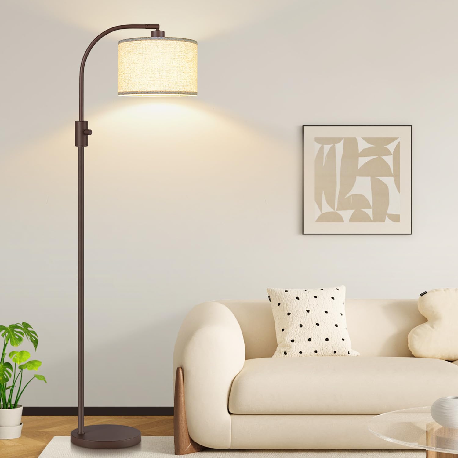 Nintiue Upgraded Modern Arc Dimmable Tall Standing Floor Lamp with Linen Shade, 1200 Lumens LED Bulb Included, for Living & Reading Room, Bedroom, Office & Nursery, Gold