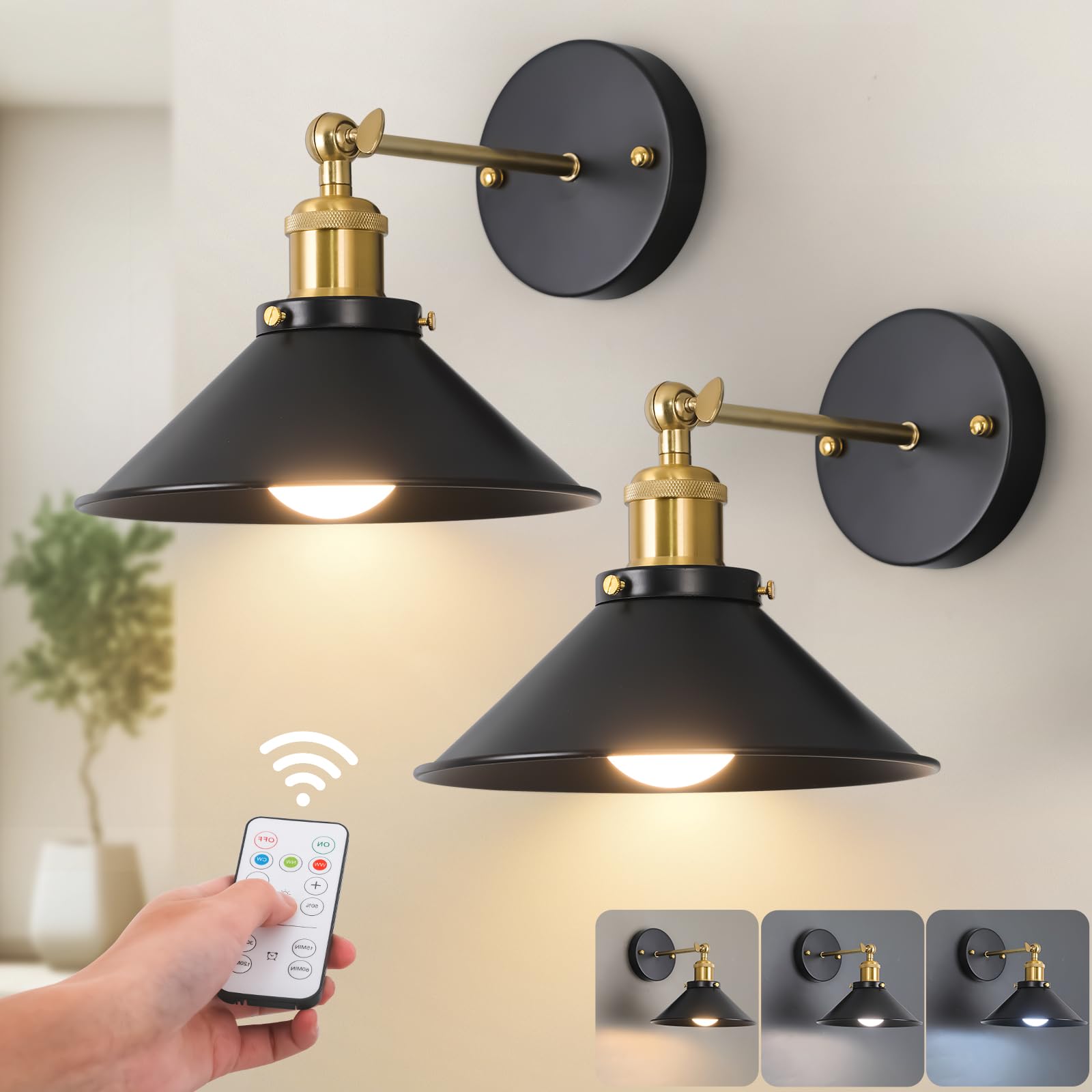 Black Vintage Wireless Battery Operated Wall Sconces, Industrial Cordless Battery Powered Led Wall Lights Set of 2, Wall Lamp Fixture Indoor with Remote Control for Bedroom Farmhouse Gallery