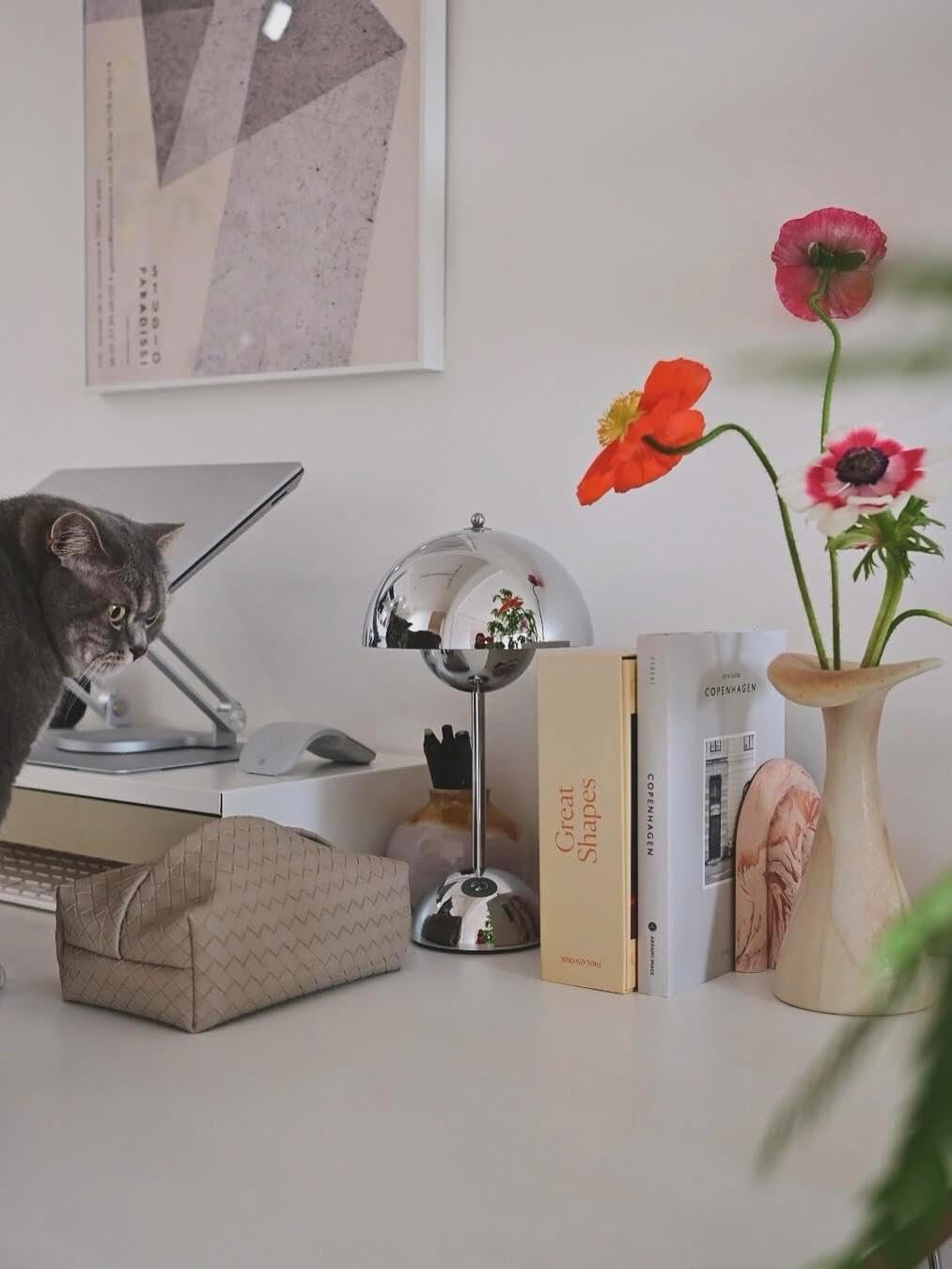 Modern Flower Bud Lamp 12" Cordless Touch Lamp Dimmable 2600mAh Rechargeable Desk Lamp Nordic Minimalist Mushroom Lamp Nightstand Bedside Lamp for Bedroom Living Room(Chrome) No Reading Light