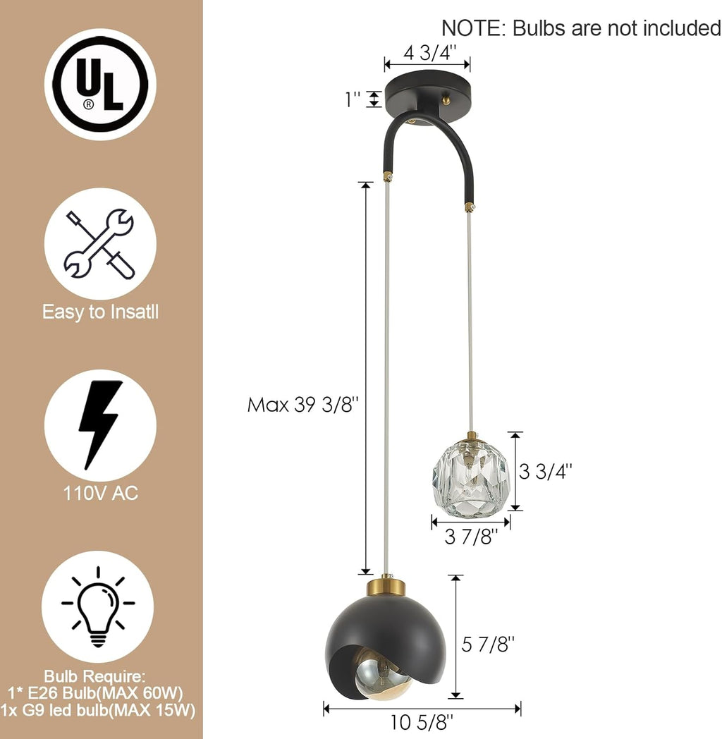 2 - Light Modern Pendant Light with Crystal Accent, Black Pendant Light Hallway, Unique Hanging Light Fixture for Entryway Bedroom Kitchen Island