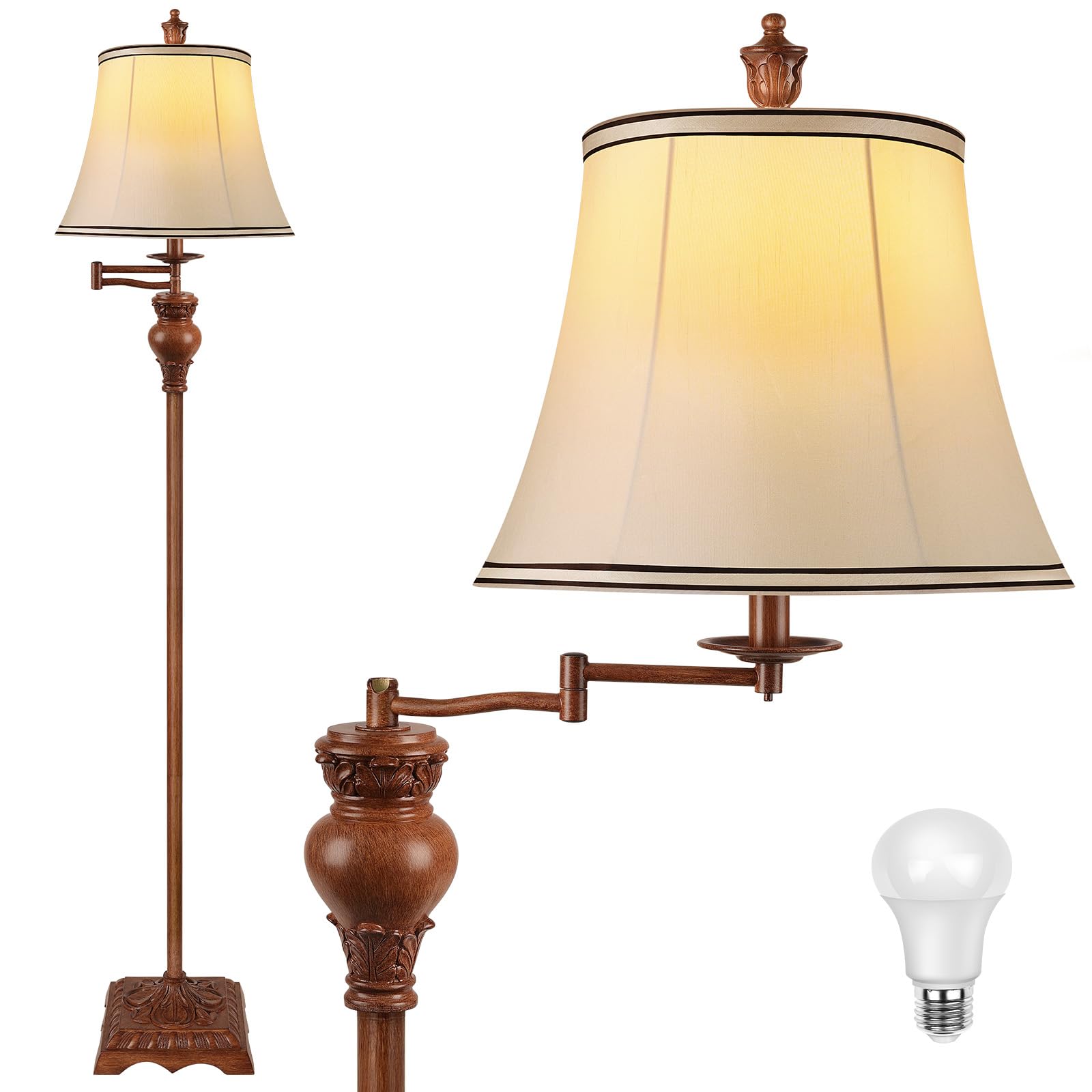 PARTPHONER Vintage Floor Lamps for Living Room,Traditional 350° Adjustable Swing Arm Farmhouse Floor Lamp for Bedroom, Rustic Standing Lamp Pole Lamps for Reading, Home Décor and Office, Brown