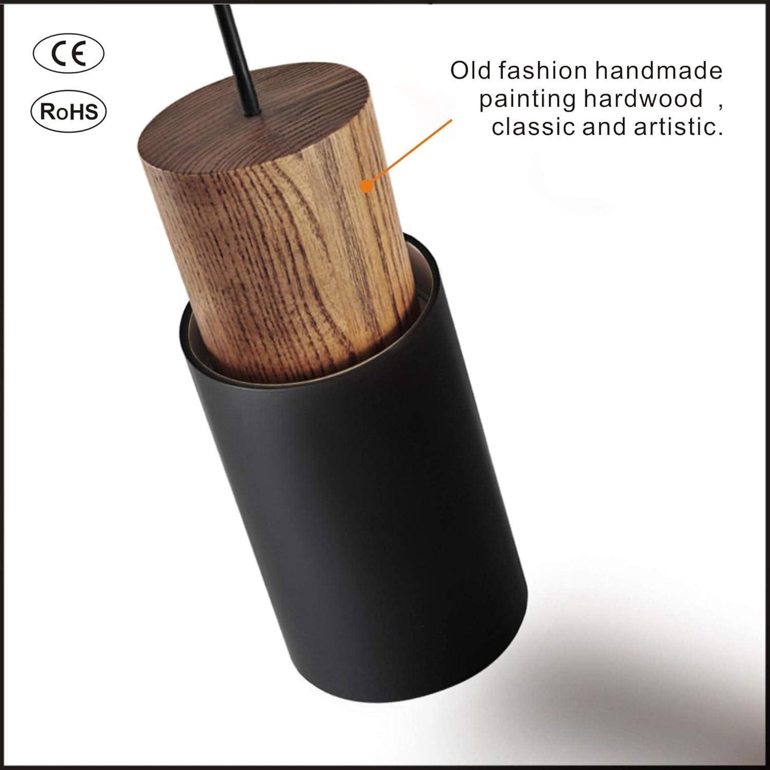 DUHU Black and Wood Pendant Light,Modern Kitchen Pendant Light Over Island,Industrial Metal Lampshade,Single Hanging Light E26 for Dinning Table,Bedroom Nightstand,Bar,Farmhouse,Height Adjustable