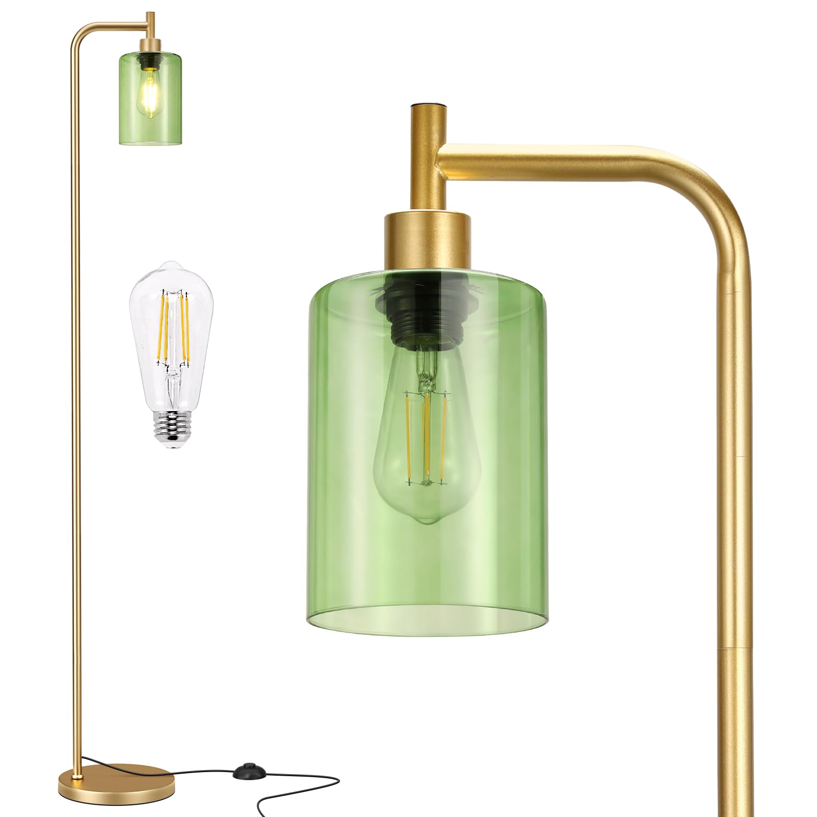 Industrial Floor Lamp with Glass Shade - Black, LED Bulbs, Foot Pedal Switch, Easy Assembly