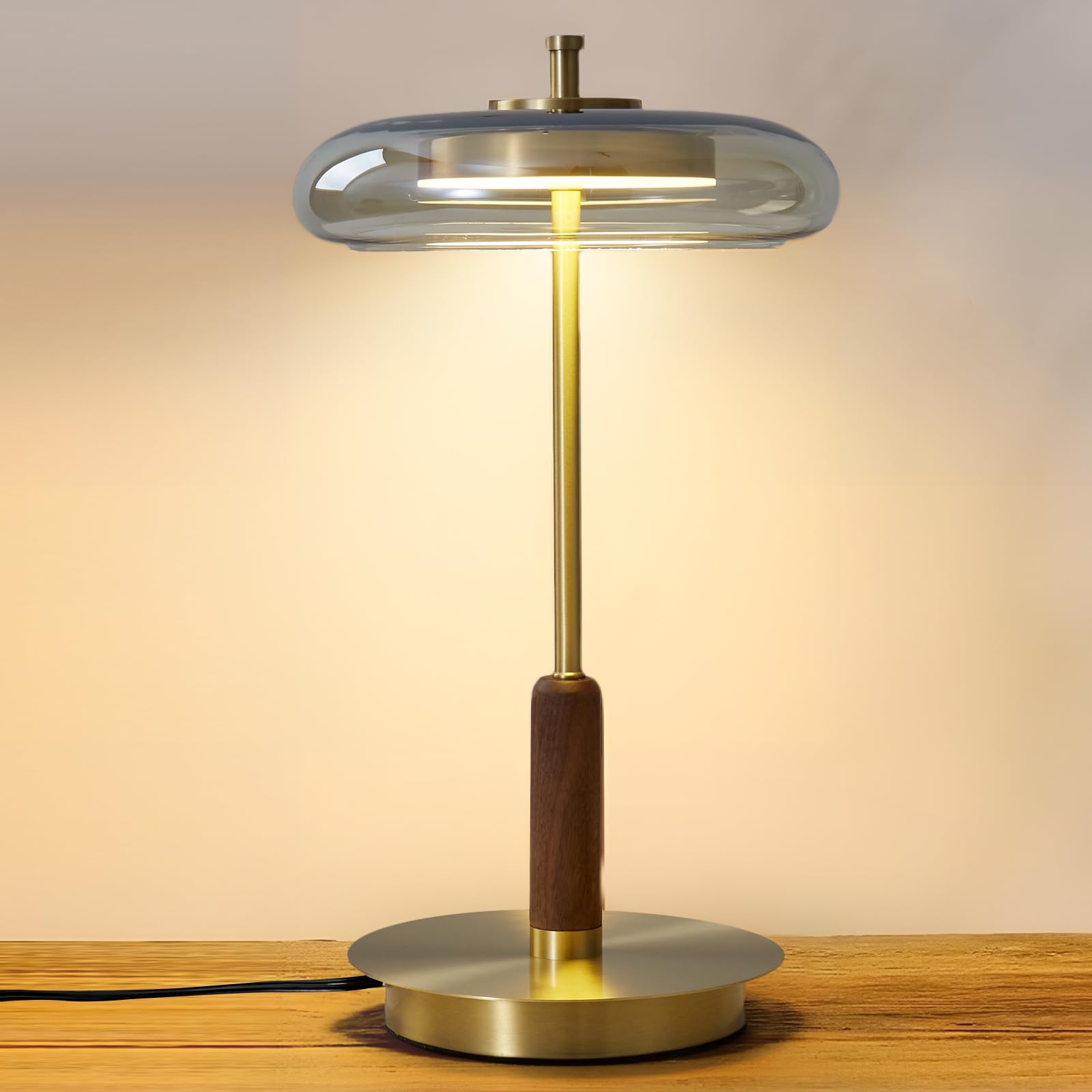 Small Table Lamp for Bedroom-Wooden Base Teardrop Mushroom Table Lamps,Amber Glass Shade,LED Three Color Temperature Adjustable Brightness Modern LED Side Table and Desk Lighting(H 9.7 in)