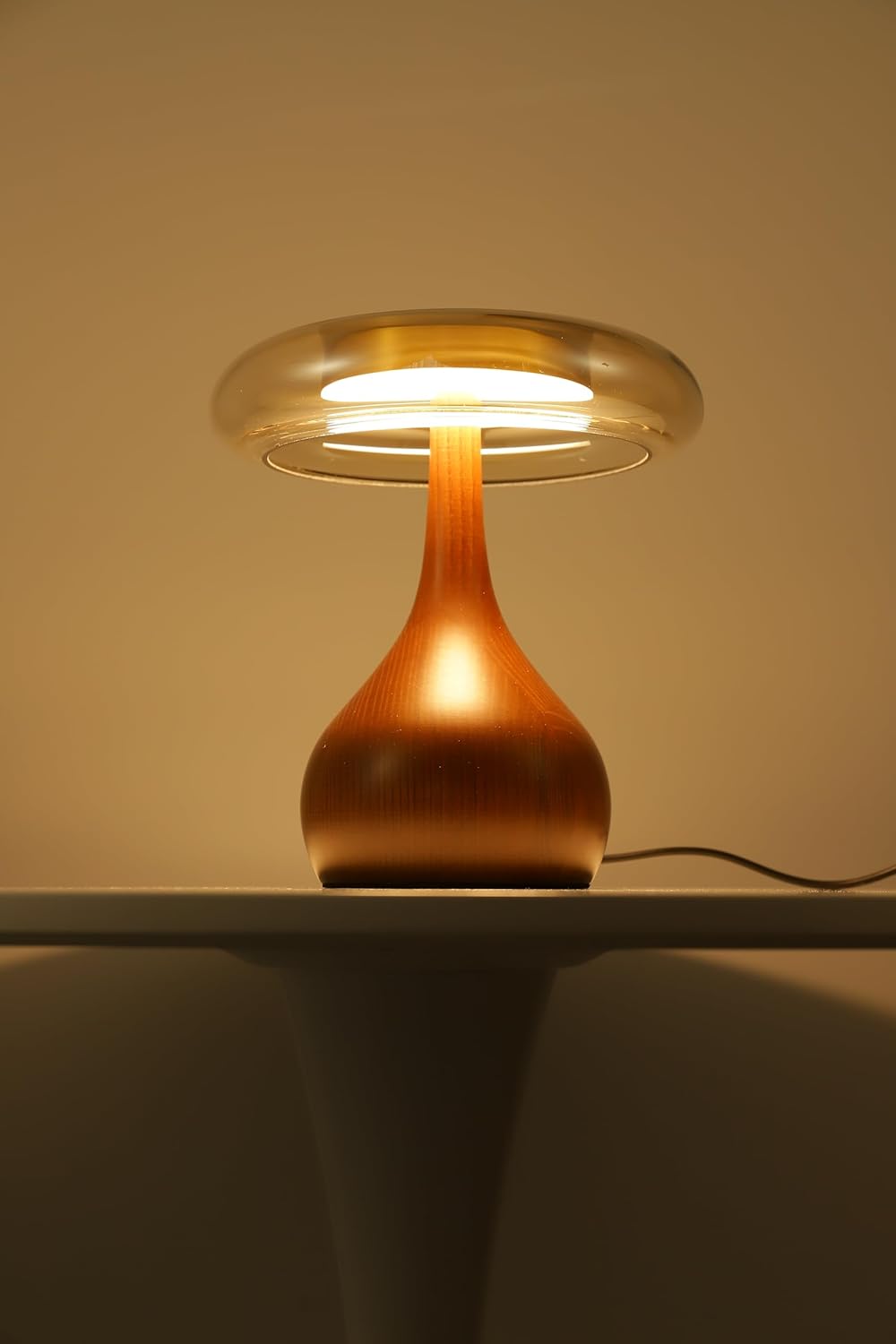 Small Table Lamp for Bedroom-Wooden Base Teardrop Mushroom Table Lamps,Amber Glass Shade,LED Three Color Temperature Adjustable Brightness Modern LED Side Table and Desk Lighting(H 9.7 in)