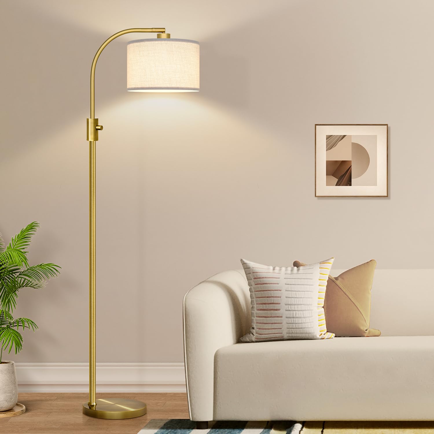 Nintiue Upgraded Modern Arc Dimmable Tall Standing Floor Lamp with Linen Shade, 1200 Lumens LED Bulb Included, for Living & Reading Room, Bedroom, Office & Nursery, Gold