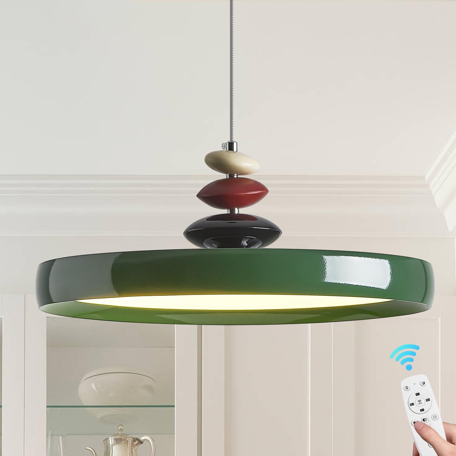 Modern Pendant Lights,Green 16" LED Pendant Lighting Fixture with Remote Control Dimmable 3 Color Mode & Brightness, Adjustable Hanging Lamp for Kitchen Dining Room Bedroom Kitchen Island