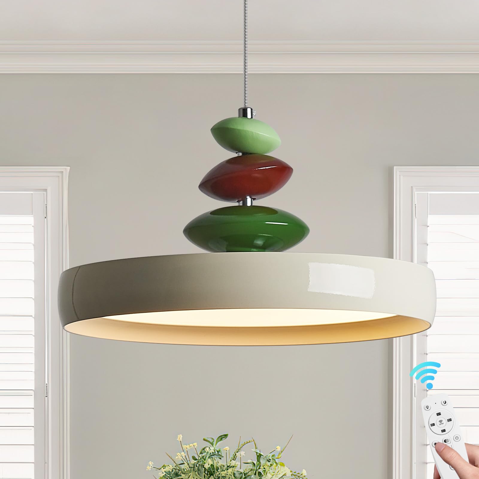 Modern Pendant Lights,Green 16" LED Pendant Lighting Fixture with Remote Control Dimmable 3 Color Mode & Brightness, Adjustable Hanging Lamp for Kitchen Dining Room Bedroom Kitchen Island
