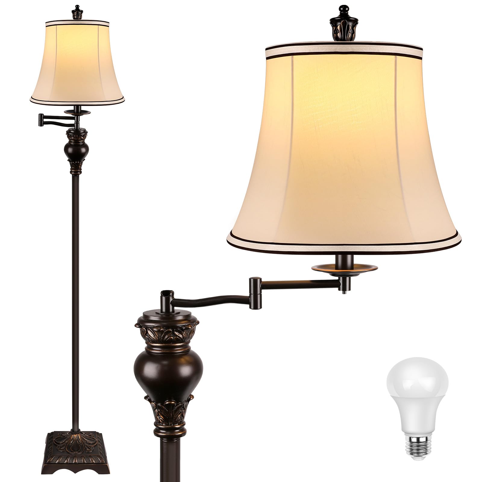 PARTPHONER Vintage Floor Lamps for Living Room,Traditional 350° Adjustable Swing Arm Farmhouse Floor Lamp for Bedroom, Rustic Standing Lamp Pole Lamps for Reading, Home Décor and Office, Brown