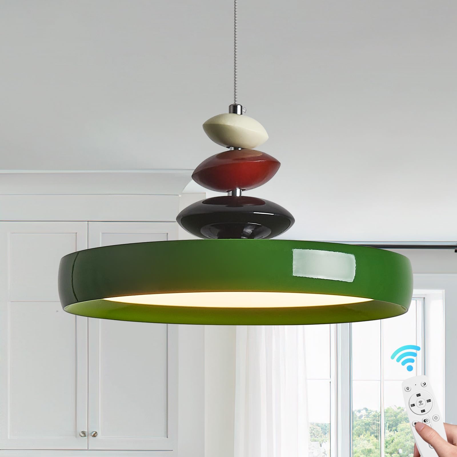 Modern Pendant Lights,Green 16" LED Pendant Lighting Fixture with Remote Control Dimmable 3 Color Mode & Brightness, Adjustable Hanging Lamp for Kitchen Dining Room Bedroom Kitchen Island