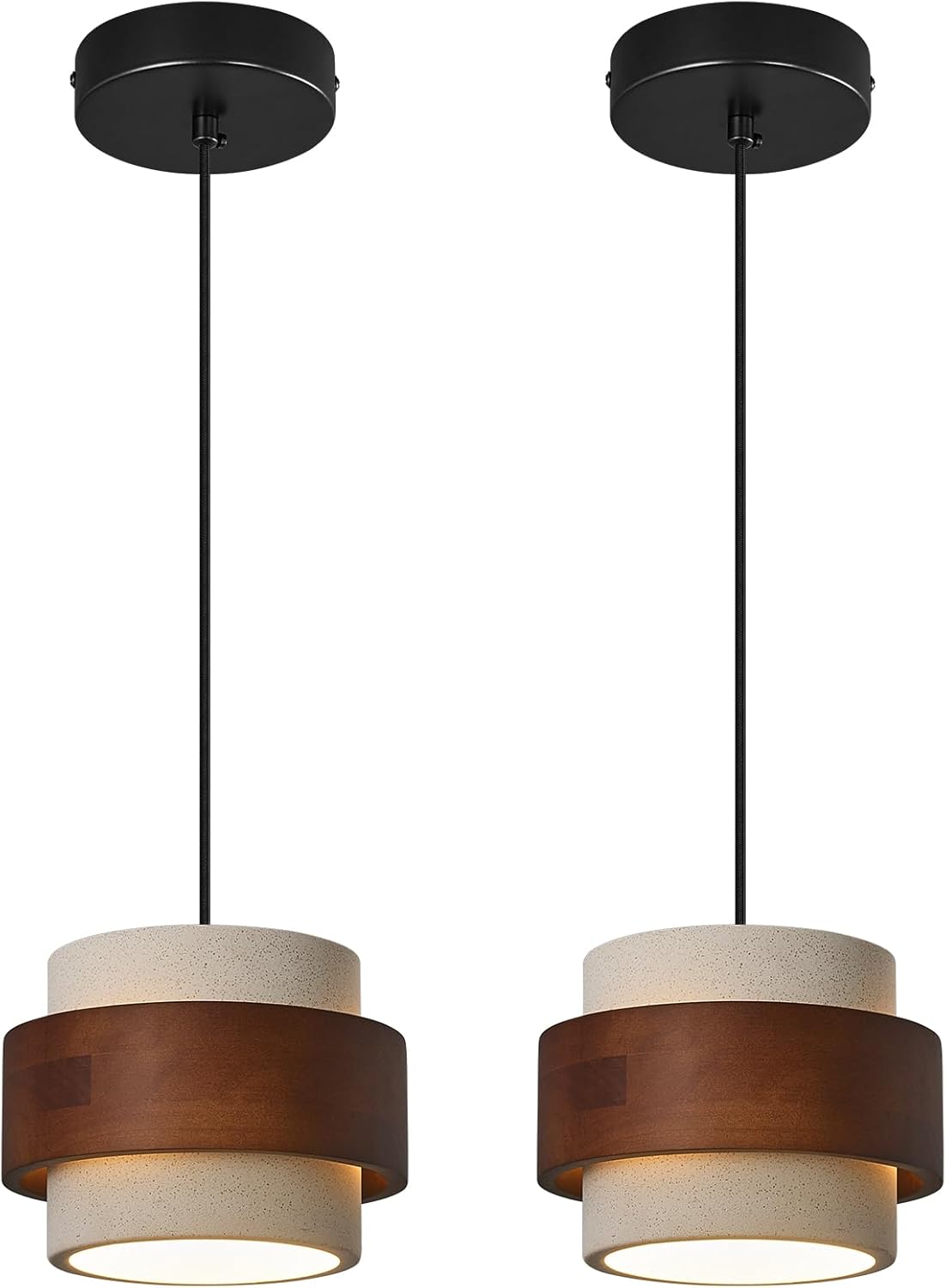 Modern Cement Pendant Light Fixture,Concrete Pendant Lights with Wood Accent,Vintage Farmhouse Chandelier for Kitchen Island Dining Room Living Room Bedroom Restaurant Cafe(White 2-Pack)