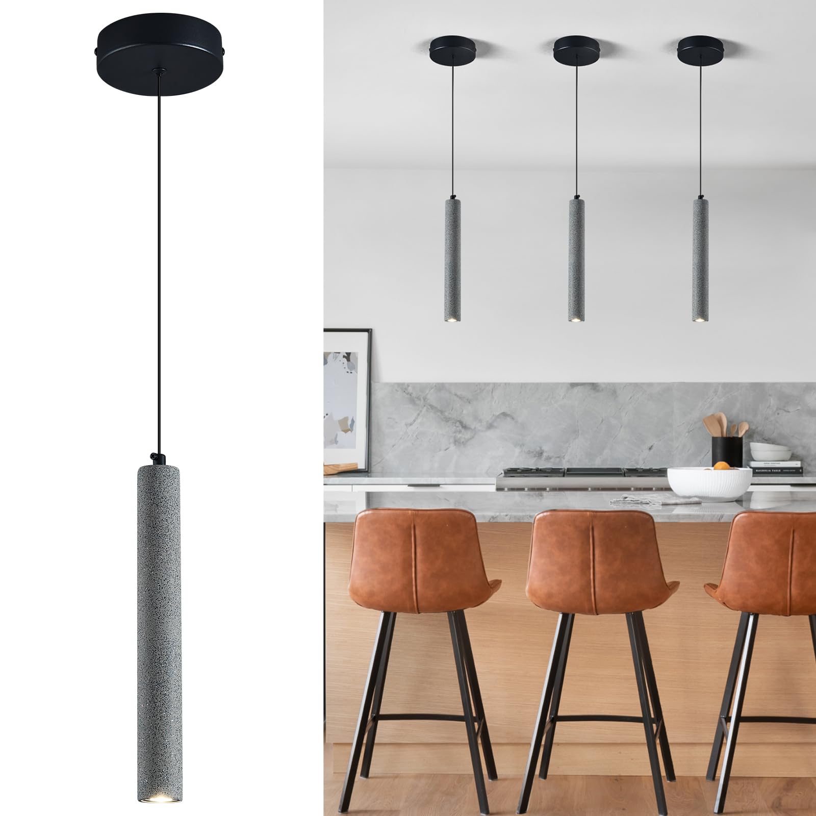 Concrete Linear Pendant Light,Modern Industrial Hanging Cement Pendant Lighting Fixture for Kitchen Island Dinning Room Bedroom Bedside Table Small Pendant Lights(2-Pack)