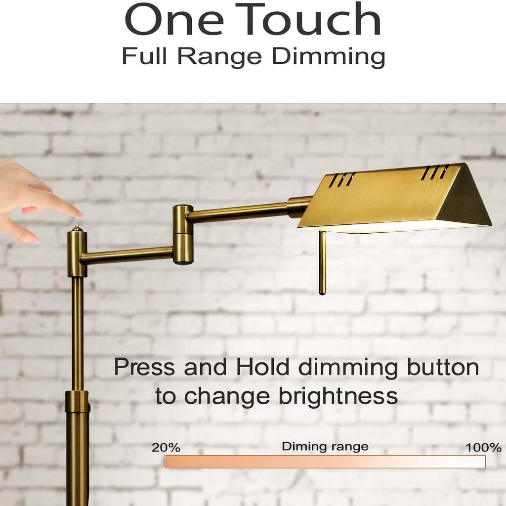 O’Bright Dimmable LED Pharmacy Floor Lamp, 12W LED, Full Range Dimming, 360 Degree Swing Arms, Adjustable Heights, Standing Lamp for Reading, Sewing, and Craft, ETL Listed, Antique Brass (Gold)