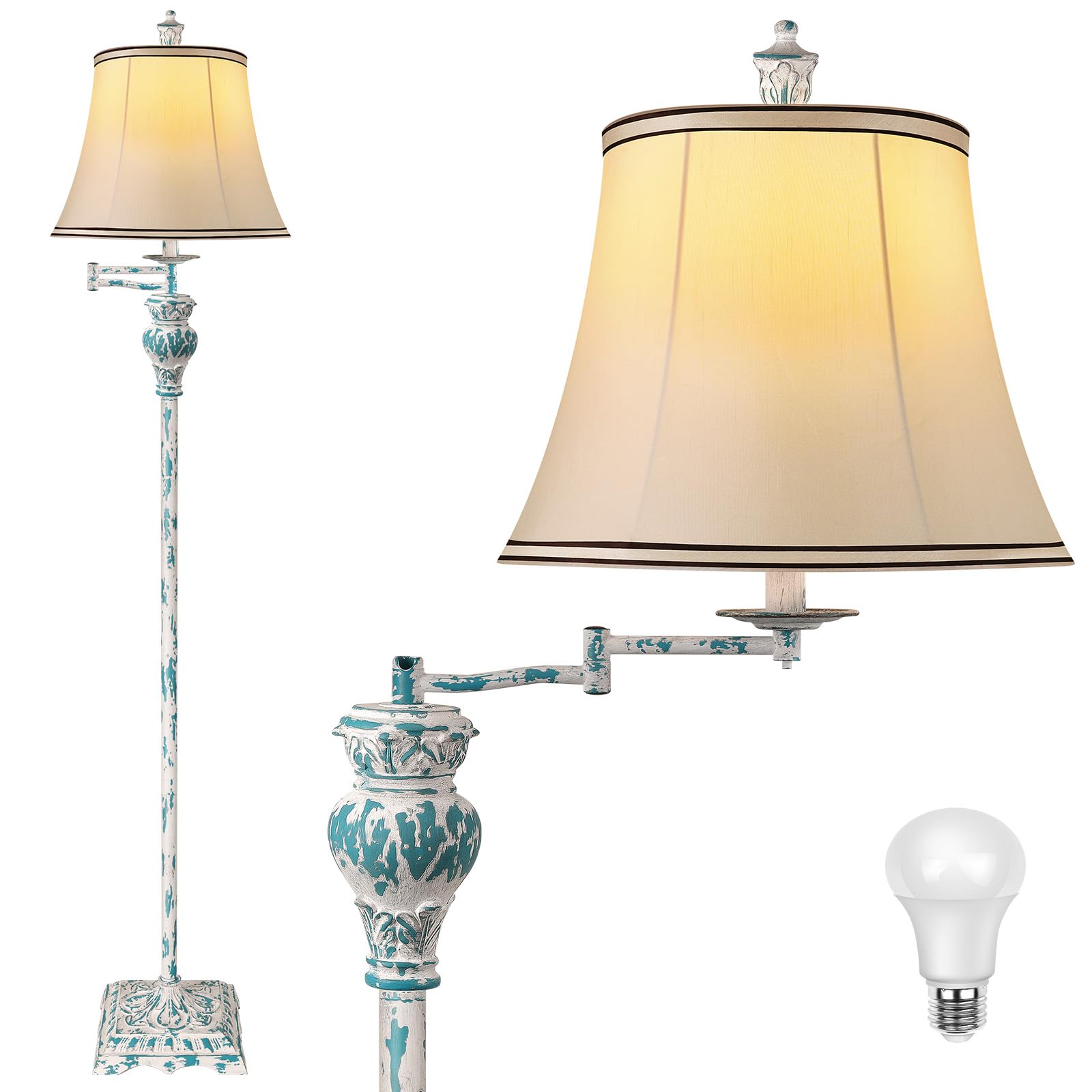 PARTPHONER Vintage Floor Lamps for Living Room,Traditional 350° Adjustable Swing Arm Farmhouse Floor Lamp for Bedroom, Rustic Standing Lamp Pole Lamps for Reading, Home Décor and Office, Brown