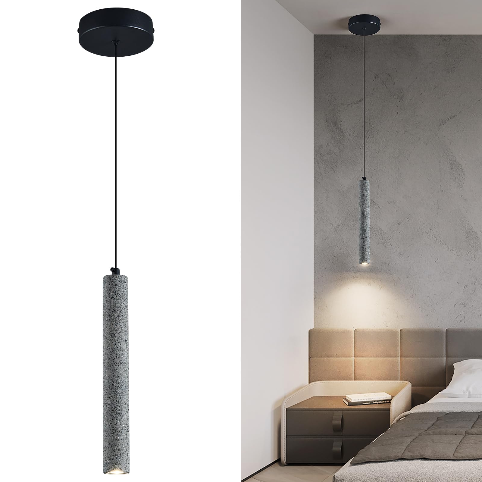 Concrete Linear Pendant Light,Modern Industrial Hanging Cement Pendant Lighting Fixture for Kitchen Island Dinning Room Bedroom Bedside Table Small Pendant Lights(2-Pack)