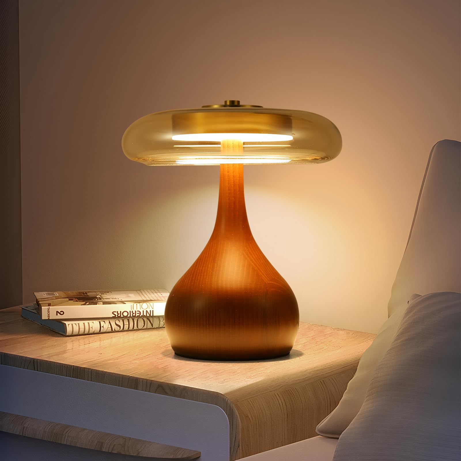 Small Table Lamp for Bedroom-Wooden Base Teardrop Mushroom Table Lamps,Amber Glass Shade,LED Three Color Temperature Adjustable Brightness Modern LED Side Table and Desk Lighting(H 9.7 in)