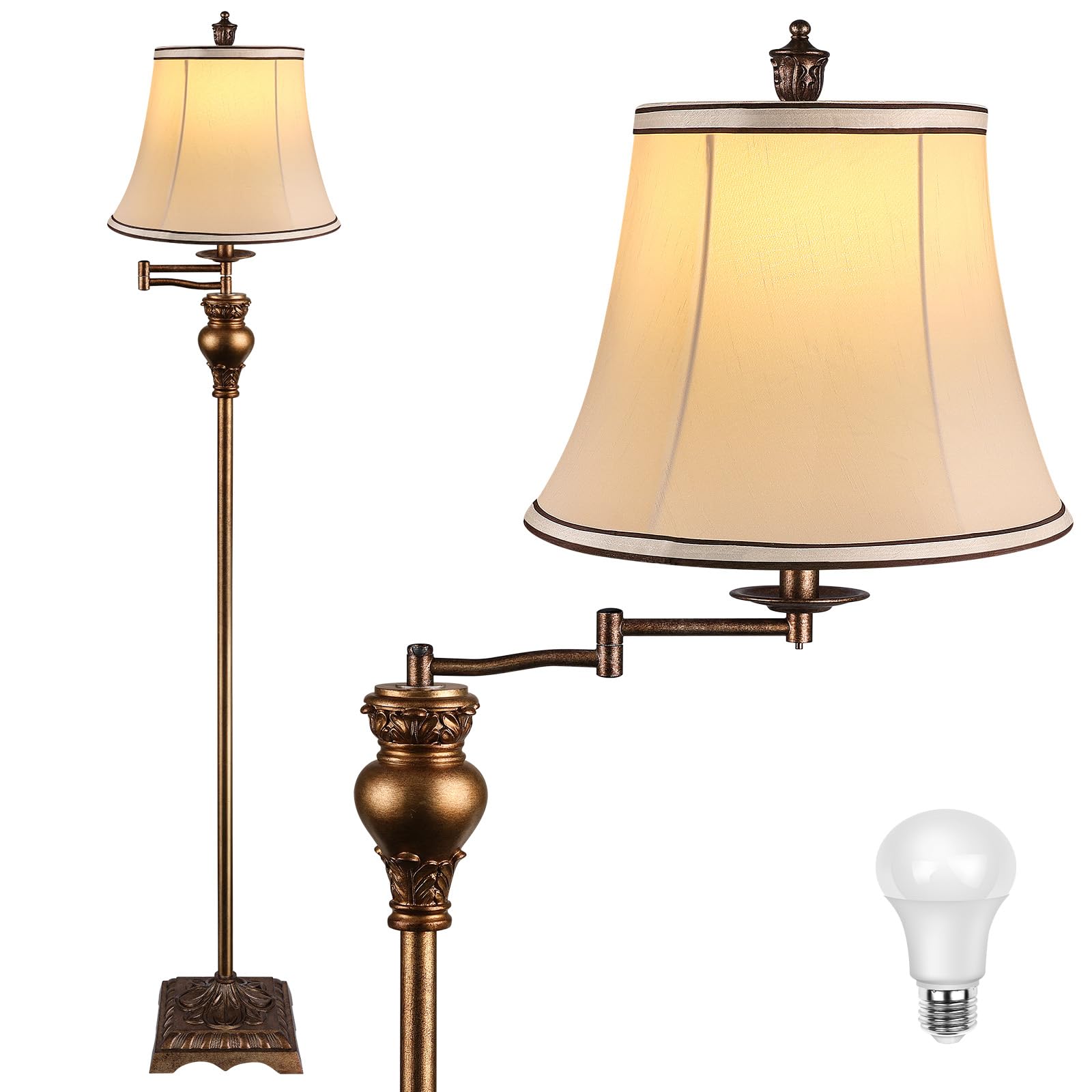 PARTPHONER Vintage Floor Lamps for Living Room,Traditional 350° Adjustable Swing Arm Farmhouse Floor Lamp for Bedroom, Rustic Standing Lamp Pole Lamps for Reading, Home Décor and Office, Brown