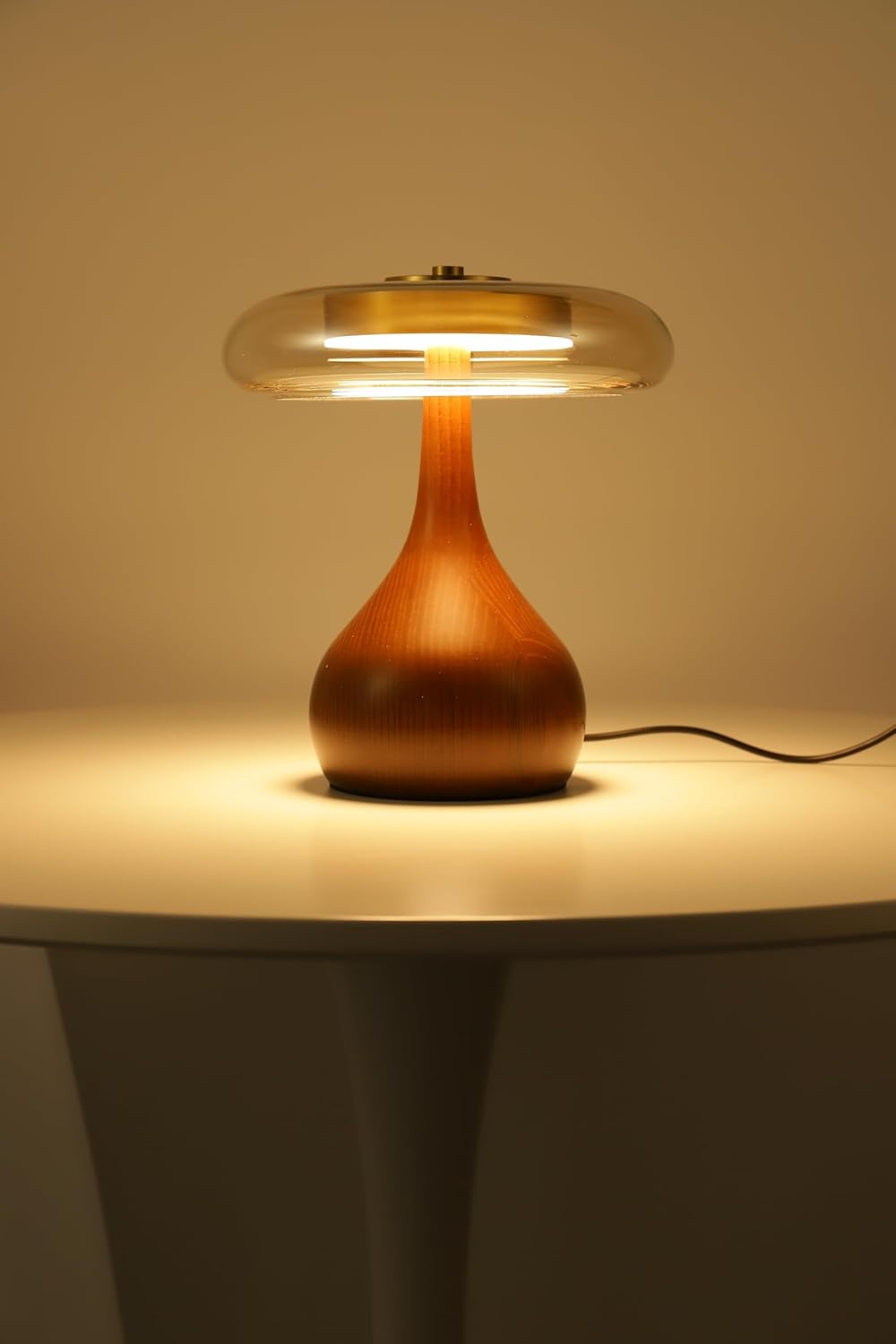 Small Table Lamp for Bedroom-Wooden Base Teardrop Mushroom Table Lamps,Amber Glass Shade,LED Three Color Temperature Adjustable Brightness Modern LED Side Table and Desk Lighting(H 9.7 in)