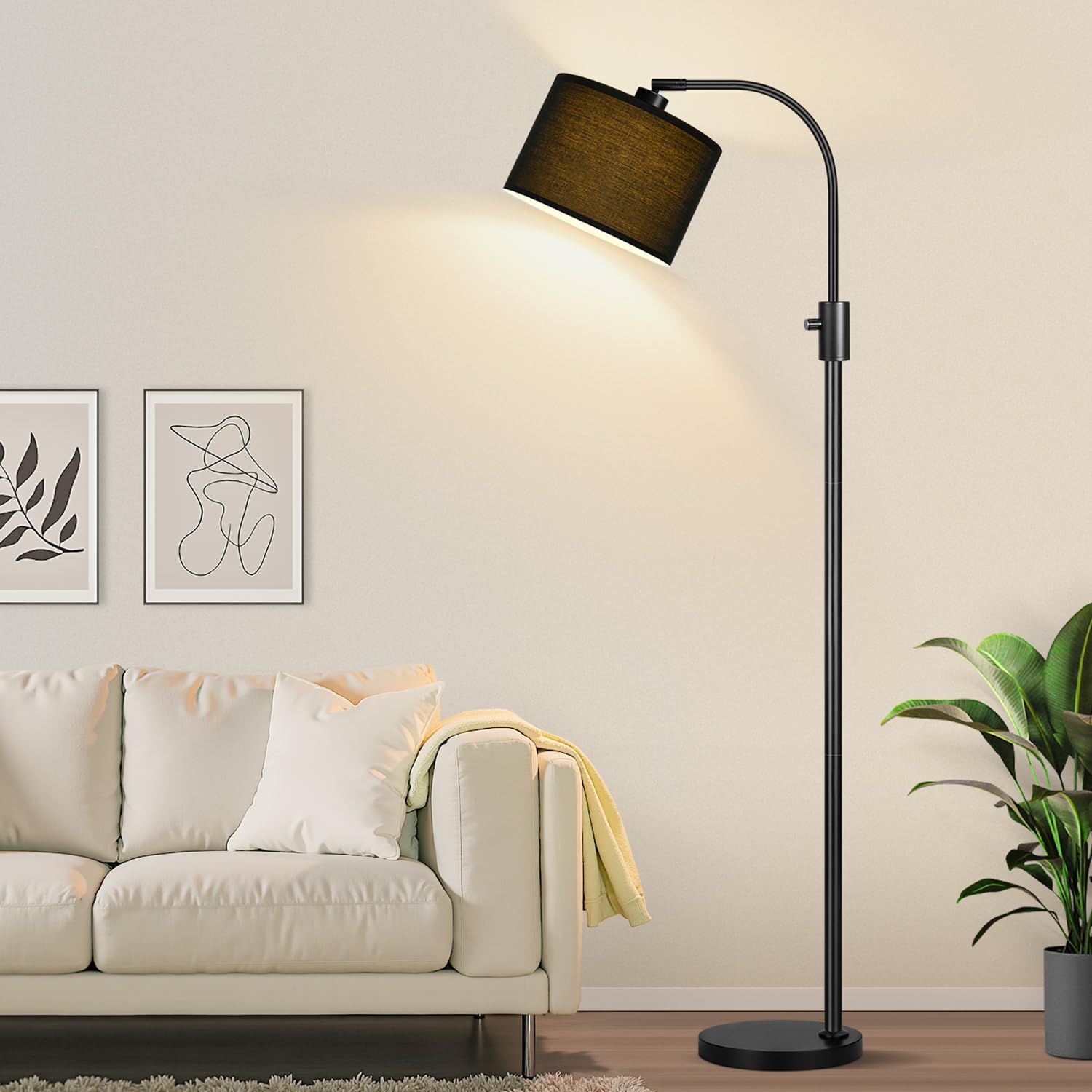 Nintiue Upgraded Modern Arc Dimmable Tall Standing Floor Lamp with Linen Shade, 1200 Lumens LED Bulb Included, for Living & Reading Room, Bedroom, Office & Nursery, Gold