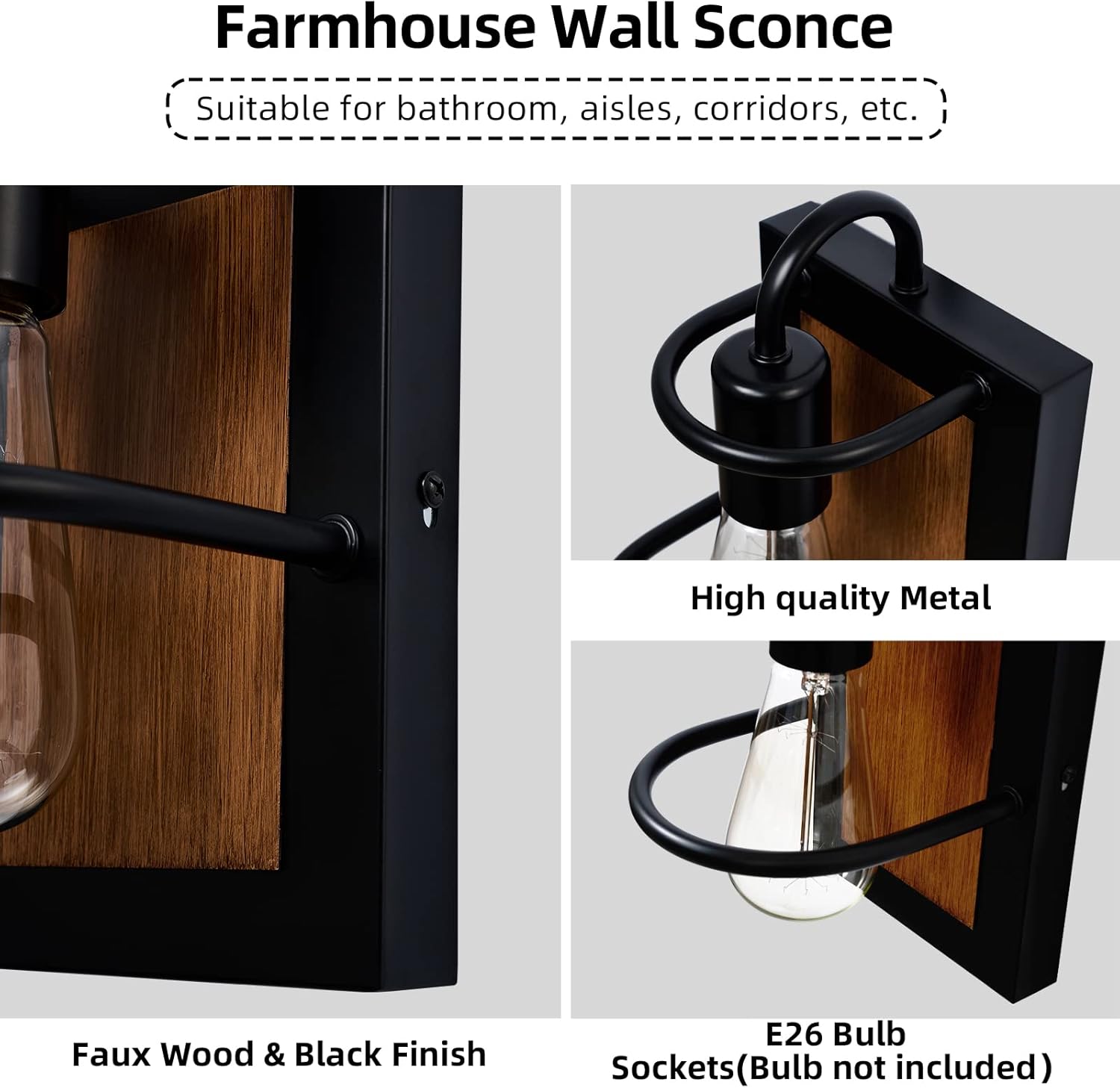 Farmhouse Wall Sconces Lamp Set of Two,Modern Industrial Wall Sconces Lighting Indoor with E26 Base Faux-Wood Color Matte Black Finish,Vintage Wall Mount Light Fixture for Bedroom Living Room Stairway