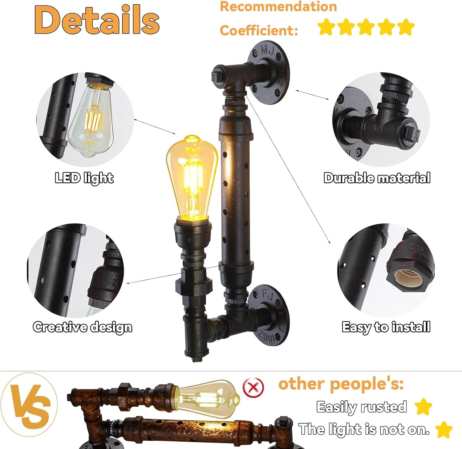 Farmhouse Antique Wall Sconce Set of 2 Rustic Vintage Steampunk Water Pipe Sconce Lights E26 Industrial Wall Mount Lamp Gothic Lighting Fixture Rustic Wall Lighting for Living Room Hallway Bar
