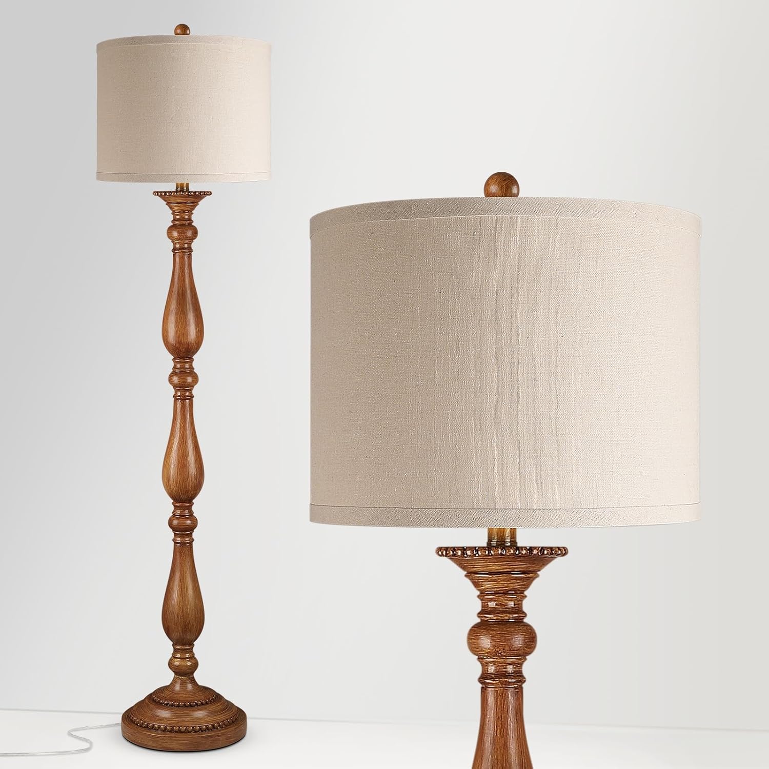 PARTPHONER Vintage Floor Lamp for Living Room, Rustic Farmhouse Standing Lamp with Rotary Switch and Linen Shade, Retro Resin Floor Lamp for Bedroom, Corner, Dining Room, House Decor, Wood Grain