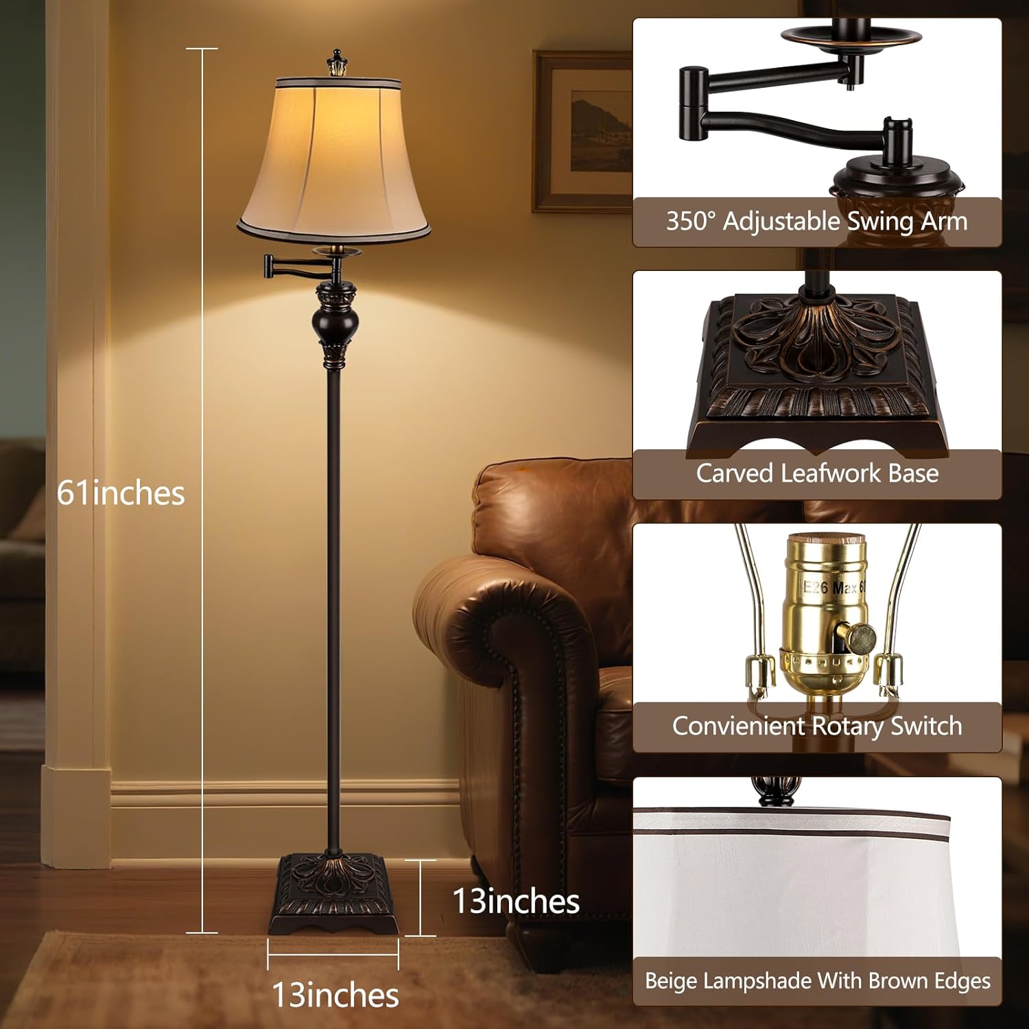 PARTPHONER Vintage Floor Lamps for Living Room,Traditional 350° Adjustable Swing Arm Farmhouse Floor Lamp for Bedroom, Rustic Standing Lamp Pole Lamps for Reading, Home Décor and Office, Brown