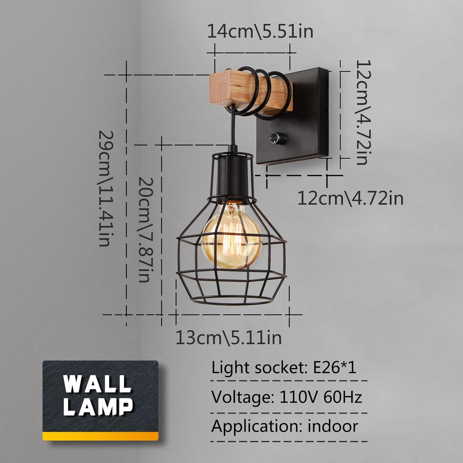 Set of 2 Industrial Wall Sconces with Dimmer ON/Off Switch, Farmhouse Wall Mount Light with Metal Cage Shade, Black Wall Lights Indoor for Kitchen Living Room