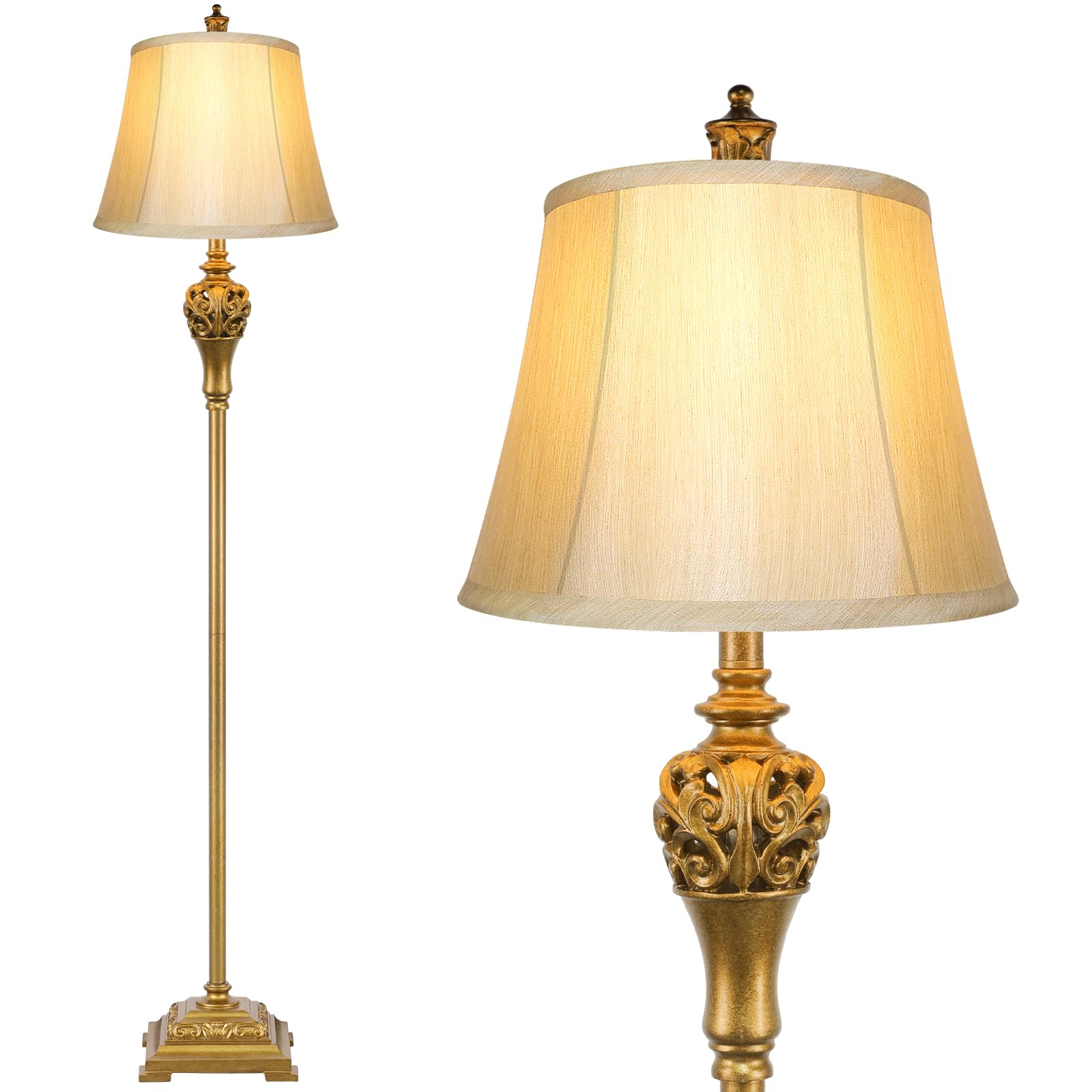 Sucolite Vintage Floor Lamp for Living Room, Traditional Farmhouse Tall Standing Lamp, Mid-Century Antique Pole Lamp for Bedroom Reading with White Fabric Shade, Rustic Bright Lighting Home Decor