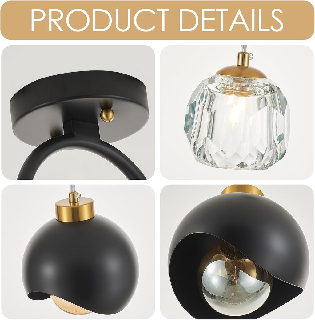 2 - Light Modern Pendant Light with Crystal Accent, Black Pendant Light Hallway, Unique Hanging Light Fixture for Entryway Bedroom Kitchen Island