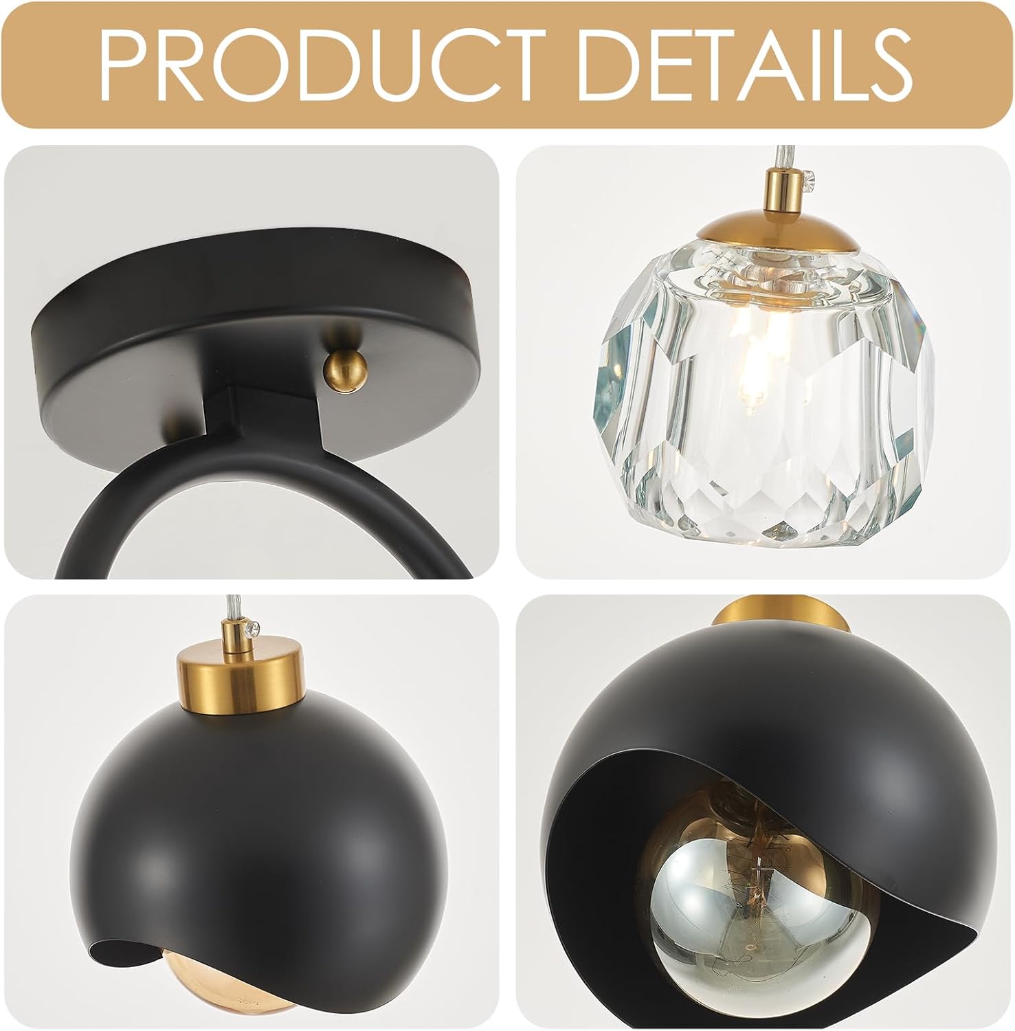 2 - Light Modern Pendant Light with Crystal Accent, Black Pendant Light Hallway, Unique Hanging Light Fixture for Entryway Bedroom Kitchen Island