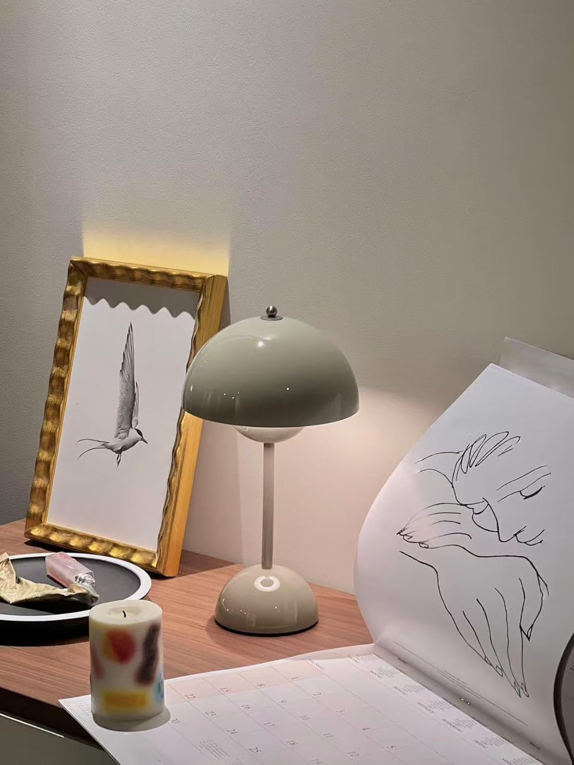 Modern Flower Bud Lamp 12" Cordless Touch Lamp Dimmable 2600mAh Rechargeable Desk Lamp Nordic Minimalist Mushroom Lamp Nightstand Bedside Lamp for Bedroom Living Room(Cream Grey) No Reading Light