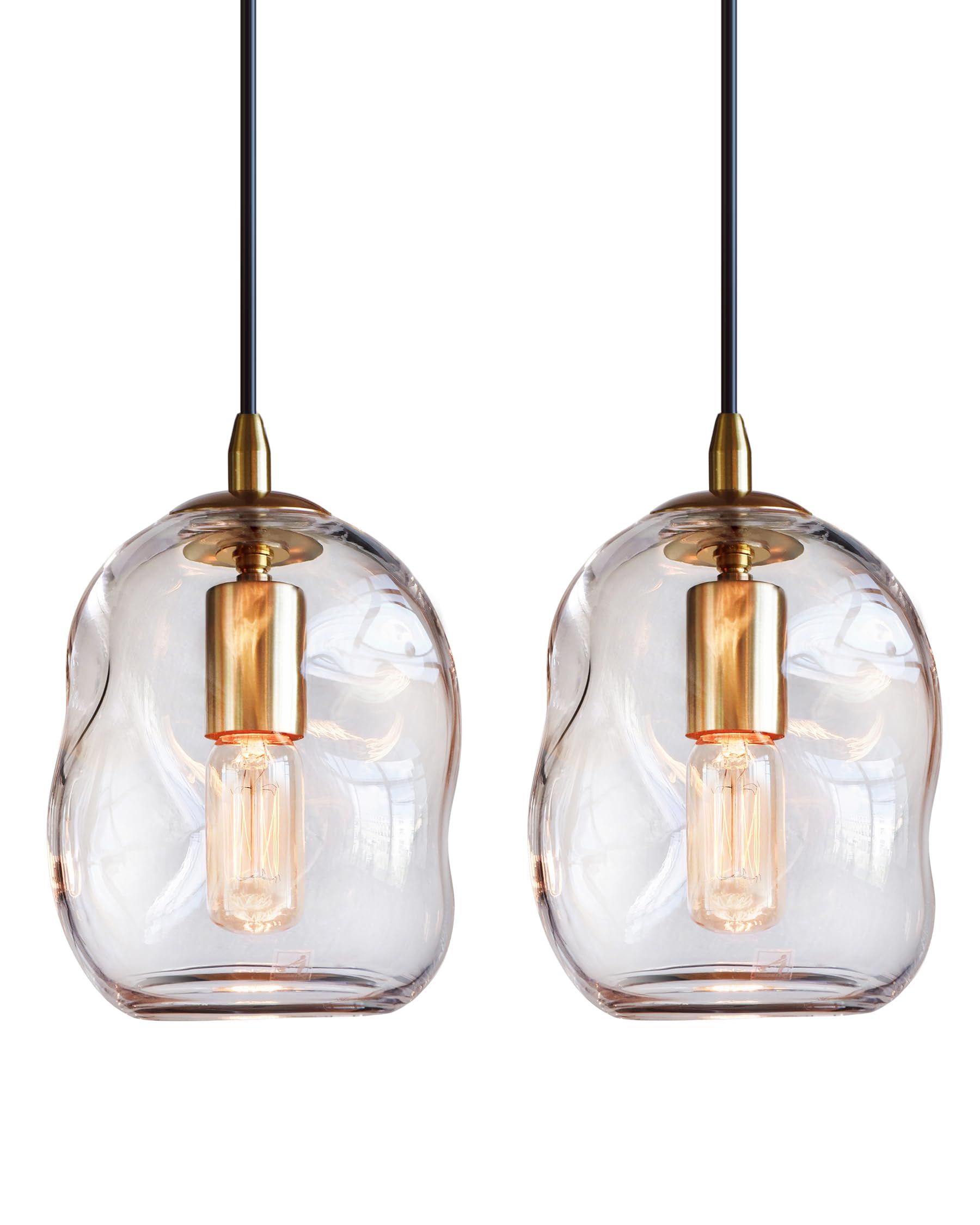 CASAMOTION Pendant Lights Kitchen Island 2 Pack Modern Contemporary Clear Glass Organic Globe Brass Hardware Adjustable Cord Bedroom Dining Table Small Medium Lamp 8 Inch Height