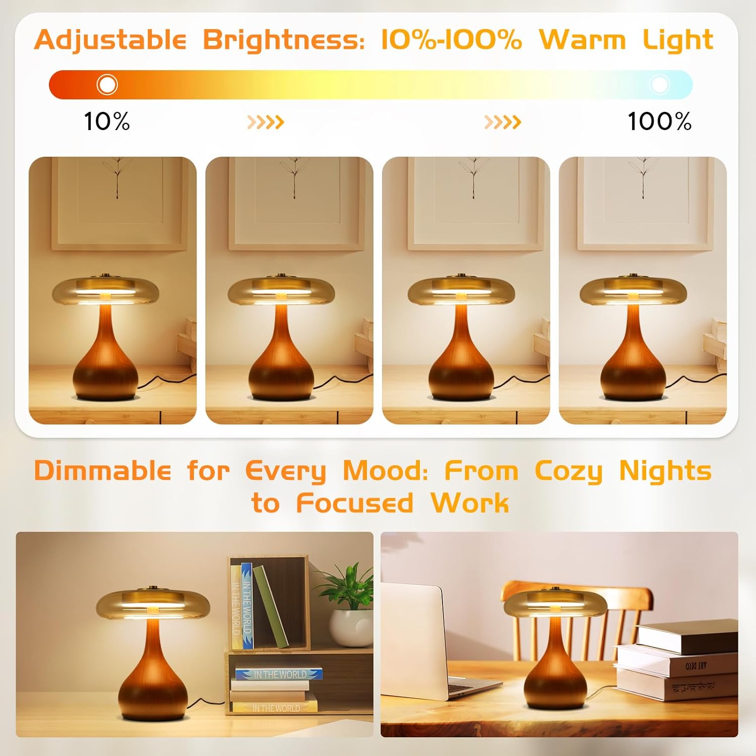 Small Table Lamp for Bedroom-Wooden Base Teardrop Mushroom Table Lamps,Amber Glass Shade,LED Three Color Temperature Adjustable Brightness Modern LED Side Table and Desk Lighting(H 9.7 in)