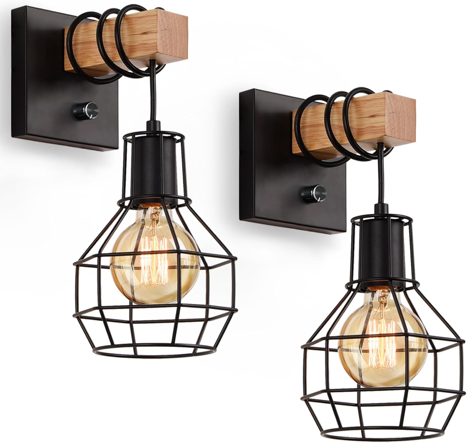 Set of 2 Industrial Wall Sconces with Dimmer ON/Off Switch, Farmhouse Wall Mount Light with Metal Cage Shade, Black Wall Lights Indoor for Kitchen Living Room