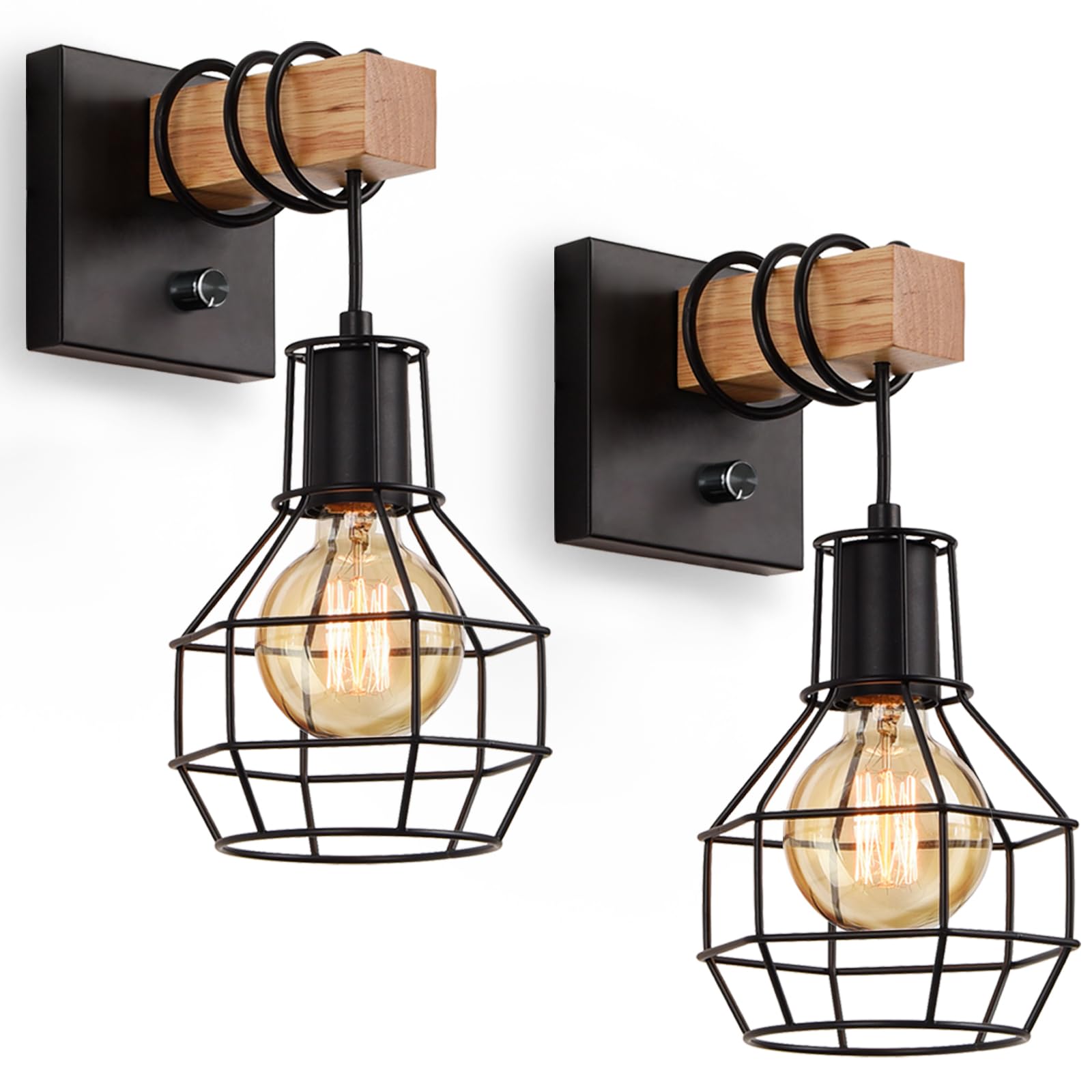 Set of 2 Industrial Wall Sconces with Dimmer ON/Off Switch, Farmhouse Wall Mount Light with Metal Cage Shade, Black Wall Lights Indoor for Kitchen Living Room