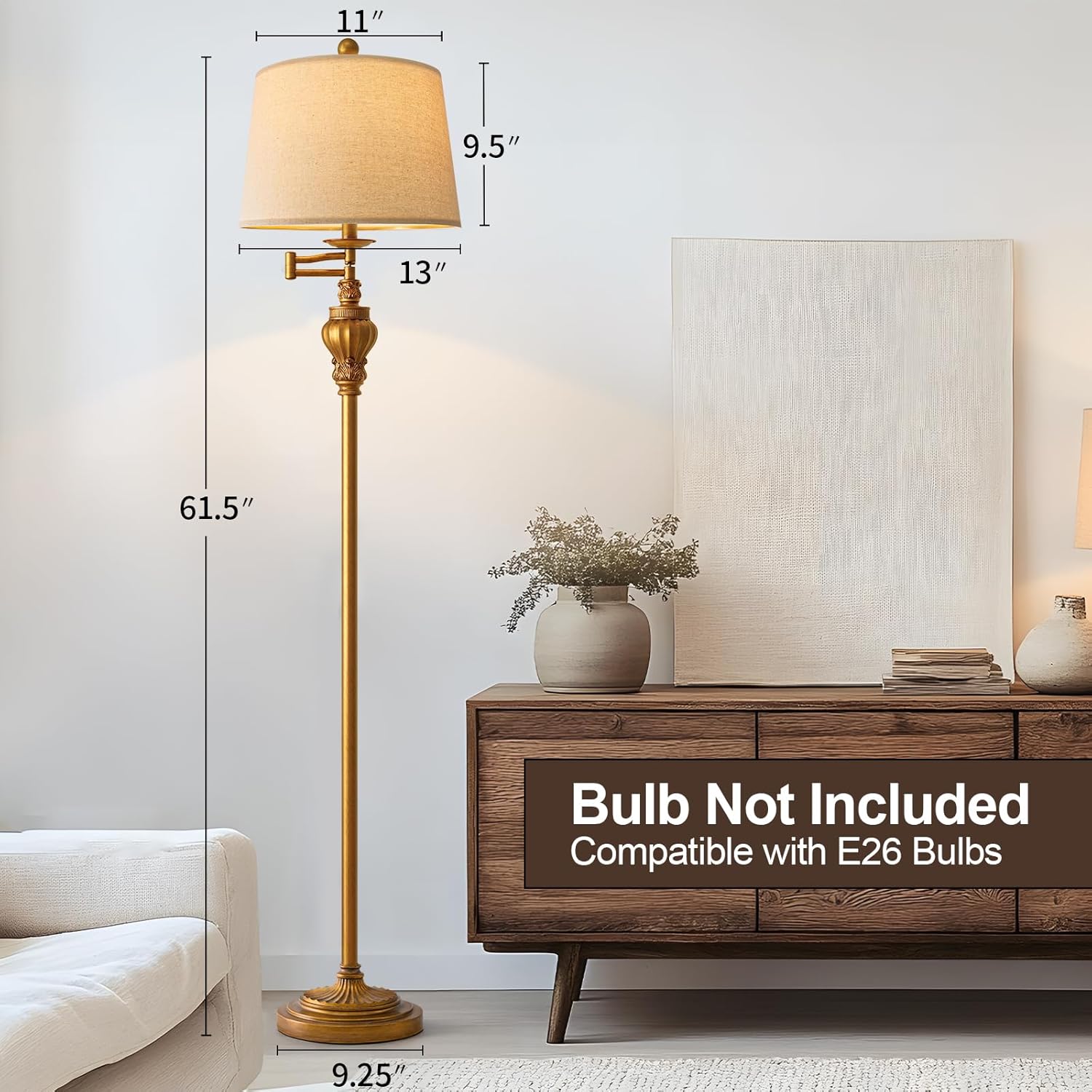 61" Vintage Floor Lamp with 350° Adjustable Swing Arm, Gold Standing Lamp for Bedroom Living Room Nightstand Bedside Retro Farmhouse Mid Century Lamp Light Home Décor Office Gifts